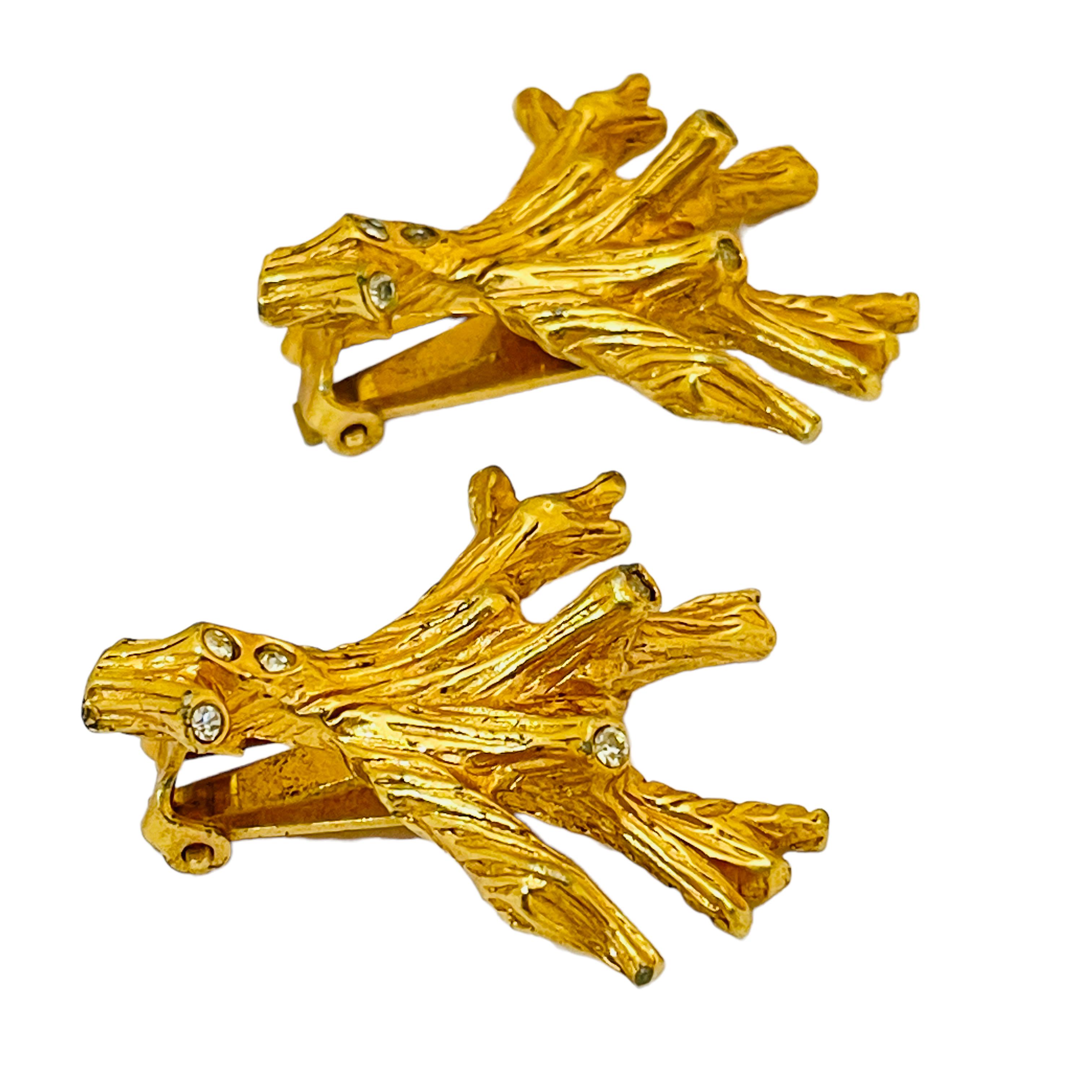 Women's or Men's Vintage HATTIE CARNEGIE gold rhinestone branch designer runway clip on earrings For Sale