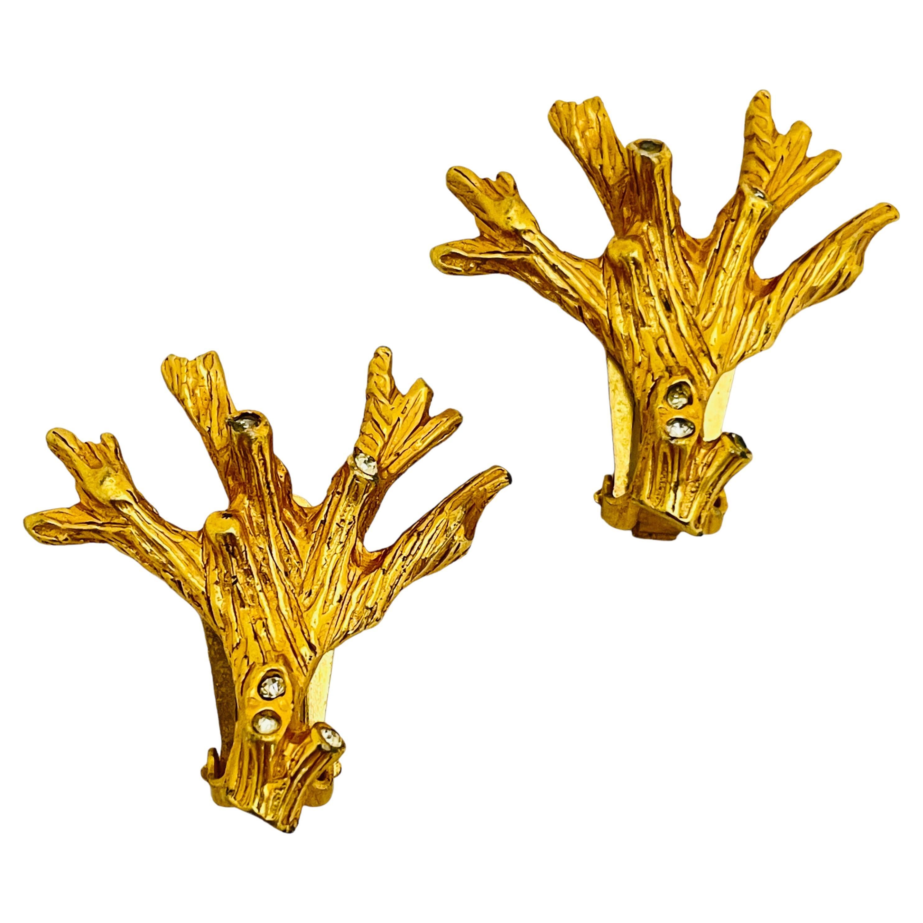 Vintage HATTIE CARNEGIE gold rhinestone branch designer runway clip on earrings For Sale