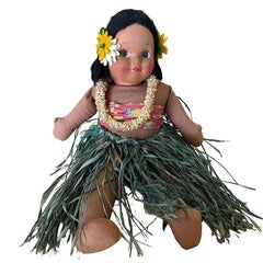 Vintage Hawaiian Handmade Cloth Hula Baby Doll w/ Grass Cloth Skirt