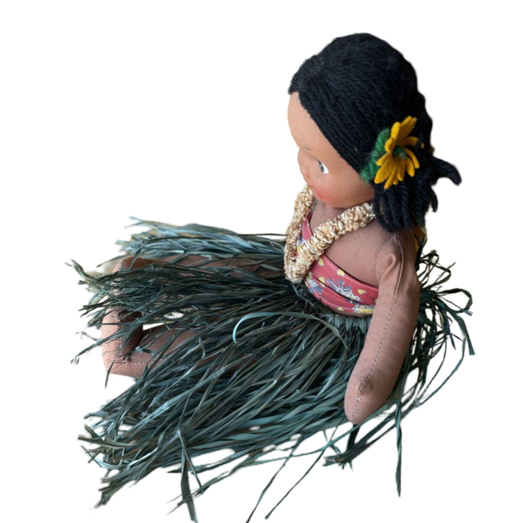 Mid-Century Modern Vintage Hawaiian Handmade Cloth Hula Baby Doll w/ Grass Cloth Skirt