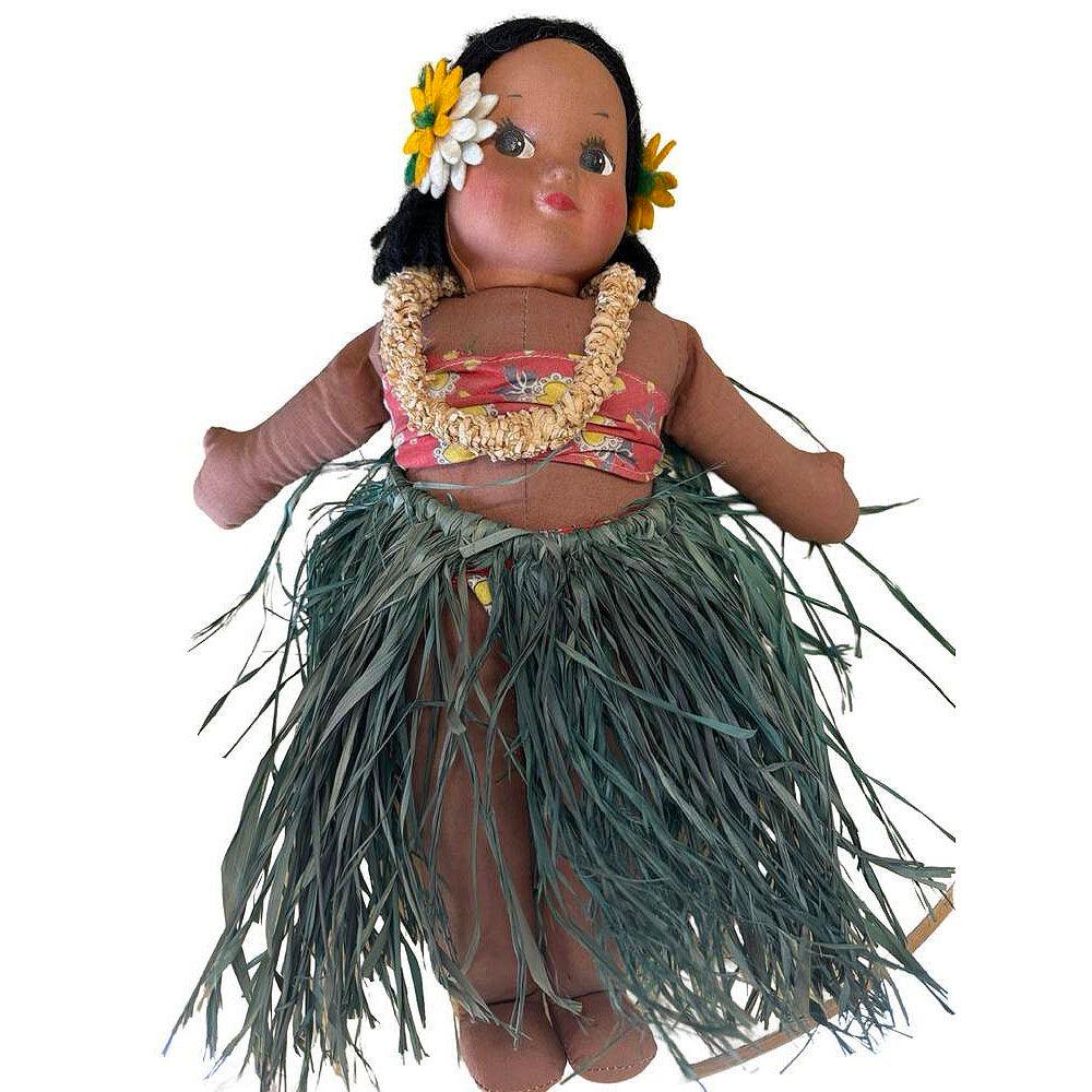 American Vintage Hawaiian Handmade Cloth Hula Baby Doll w/ Grass Cloth Skirt