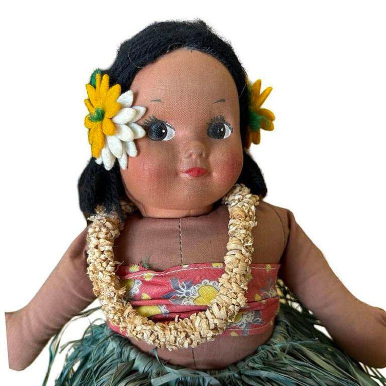 Mid-20th Century Vintage Hawaiian Handmade Cloth Hula Baby Doll w/ Grass Cloth Skirt
