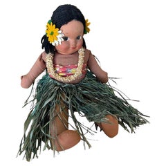 Vintage Hawaiian Handmade Cloth Hula Baby Doll w/ Grass Cloth Skirt