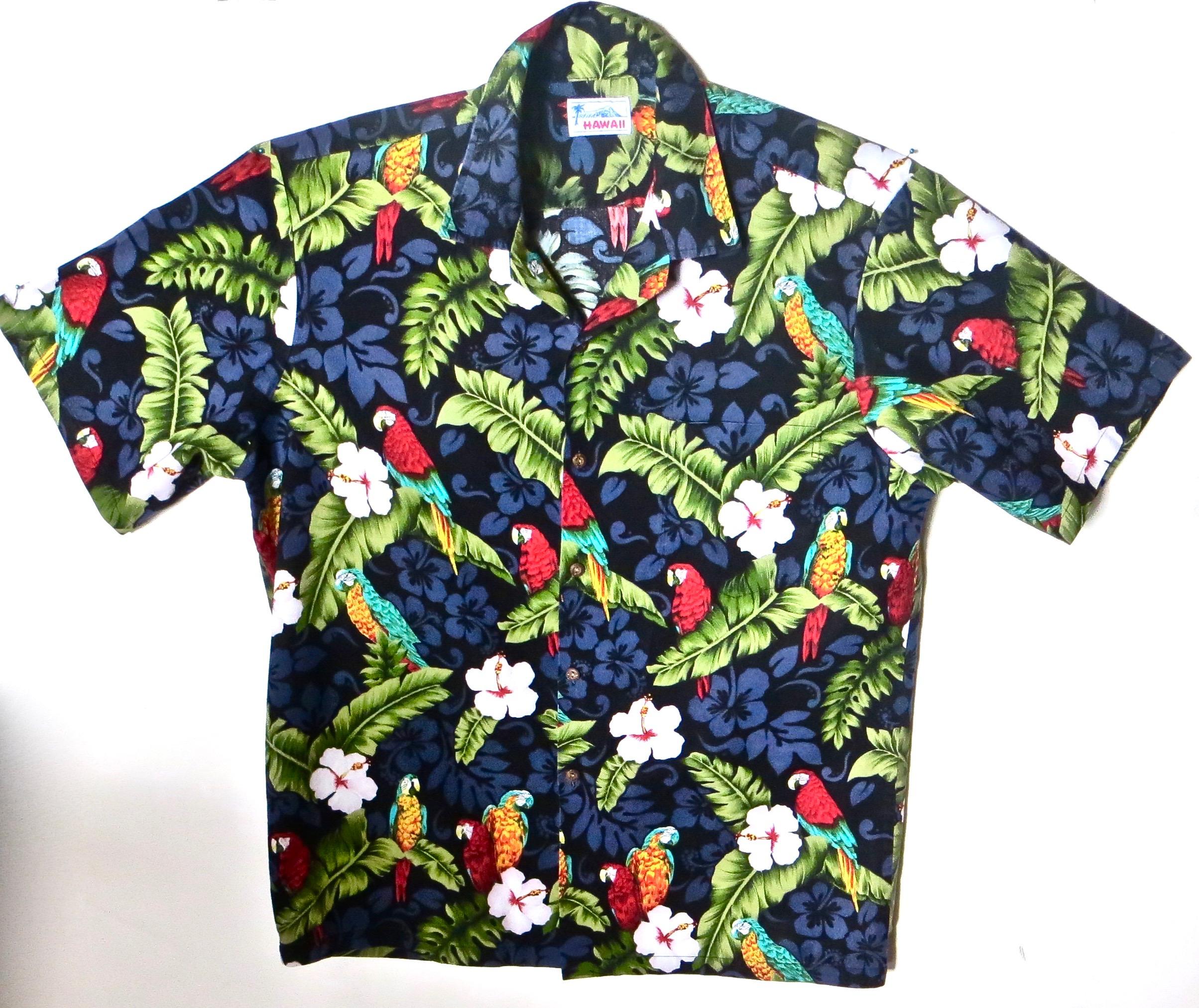 Machine-Made Vintage Hawaiian Shirt, Parrot and Floral Design, Men's X-Large, Circa 1970's For Sale