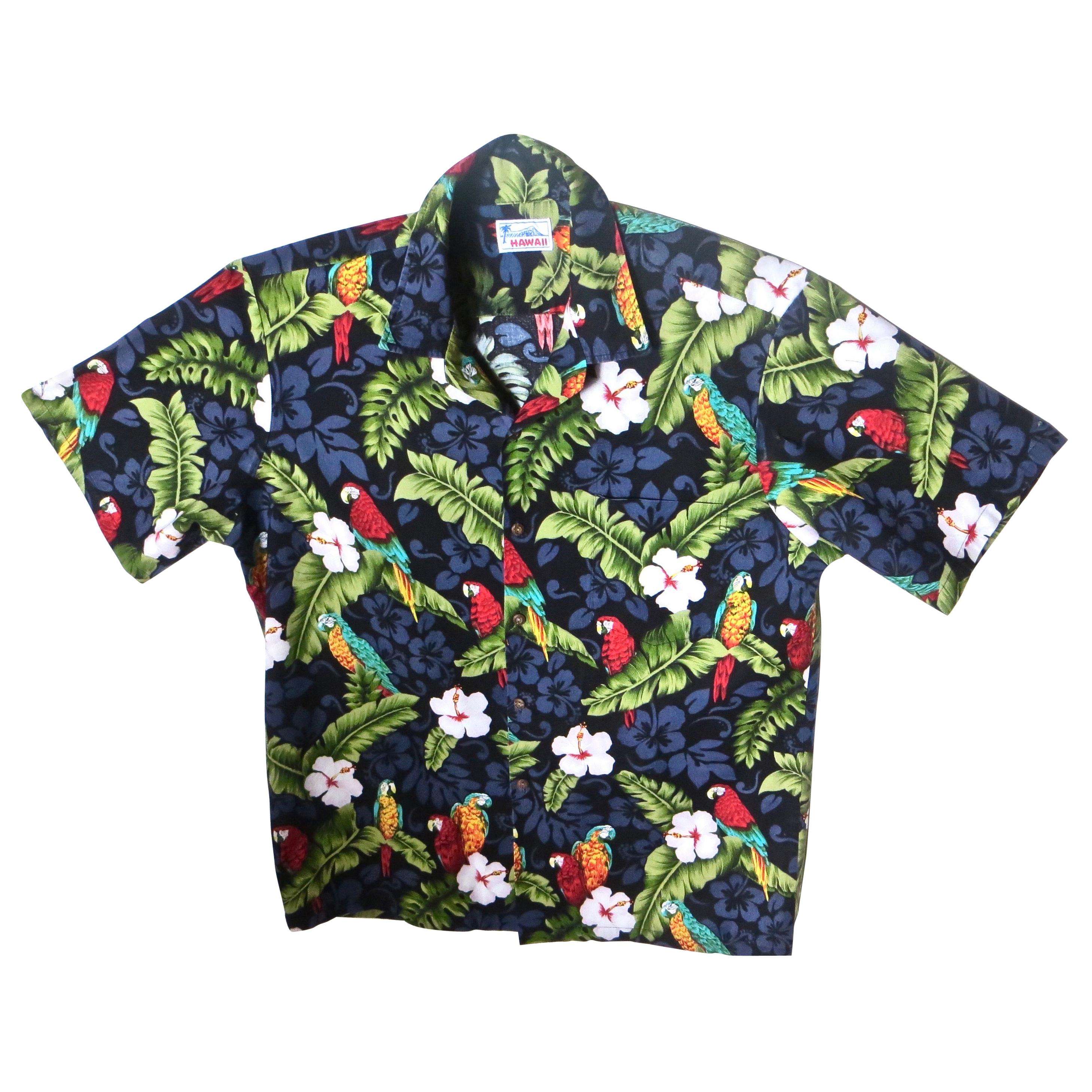 Chemise hawaïenne vintage avec perroquet et motifs floraux, pour hommes, taille X, circa 1970
