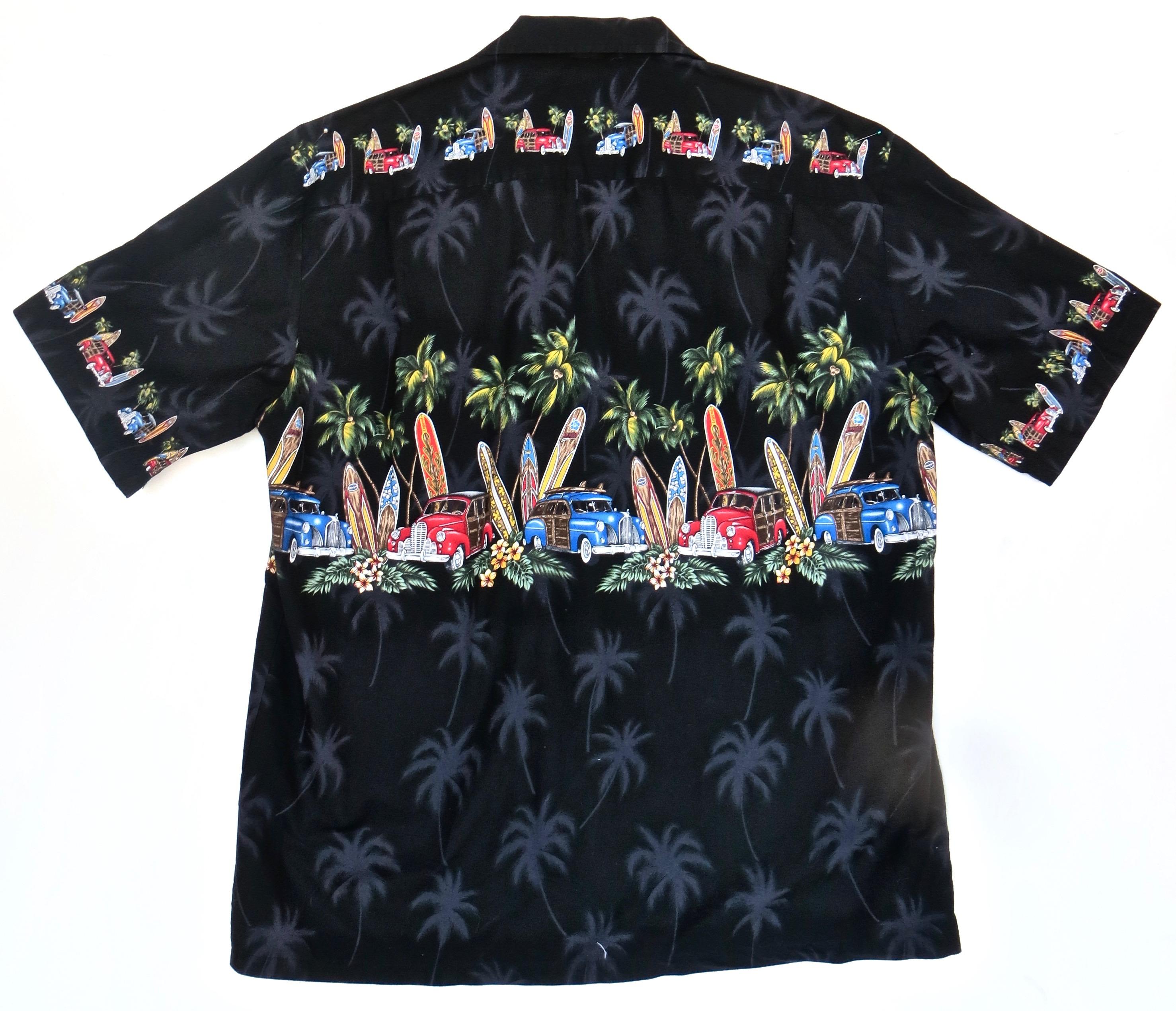 Cotton Hawaiian vintage shirt with surfboards and woodies motif, reminiscent of Hawaiian Island recreation; includes brightly colored images of mid -20th century wooden sided station wagons (woodies) along with a preponderance of oversized different