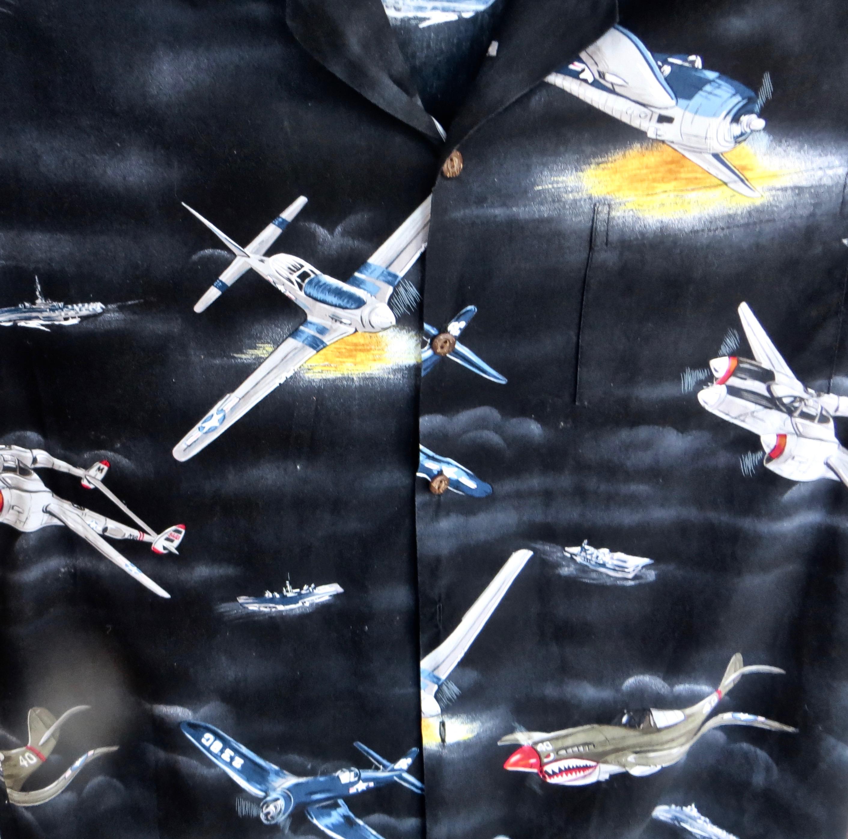 Modern Vintage Hawaiian Shirt, Word War ll Airplanes and Ships Motif, Men's Large