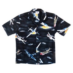 Vintage Hawaiian Shirt, Word War ll Airplanes and Ships Motif, Men's Large