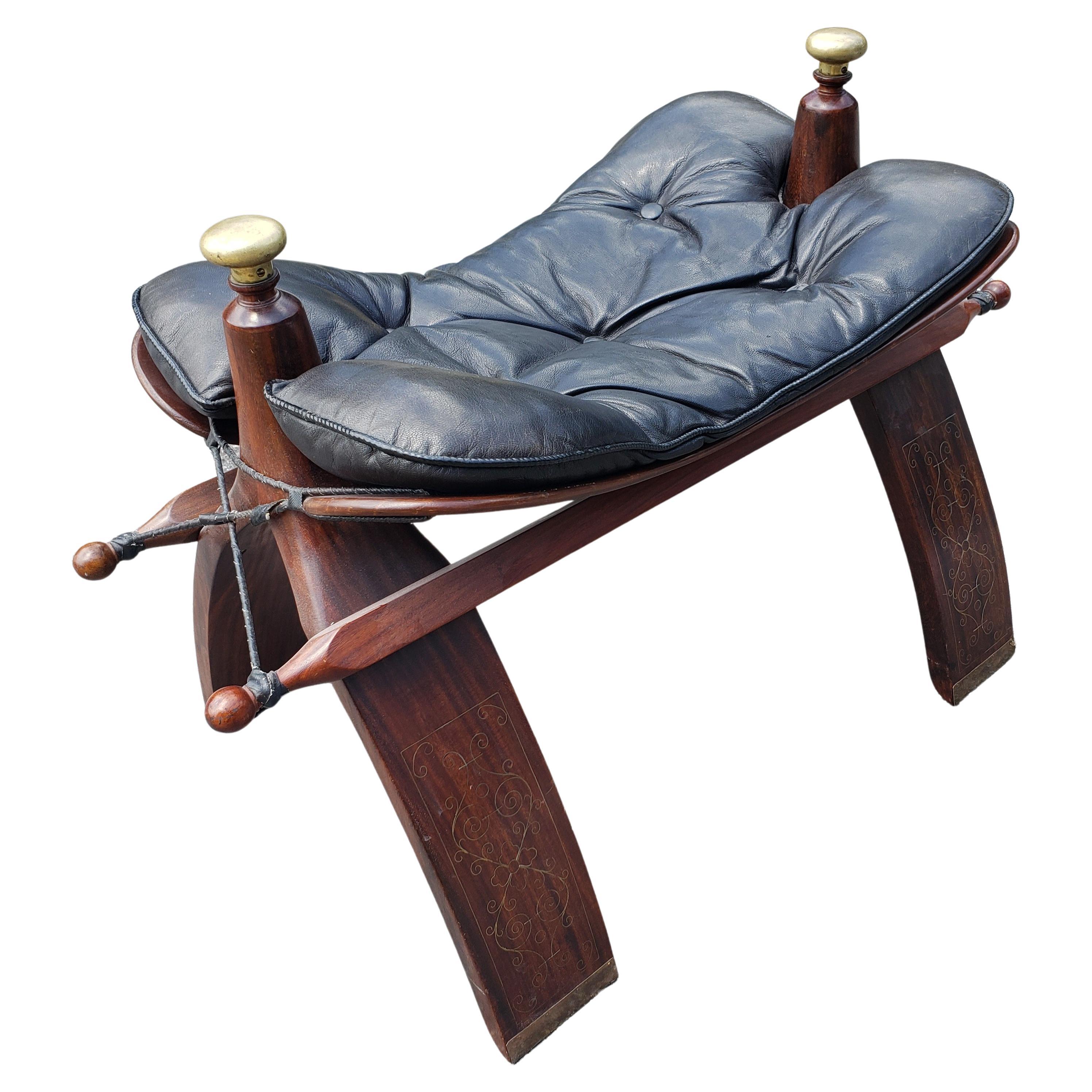 Anglo-Indian Vintage Hayat & Brothers Brass Marquetry Rosewood Leather Seat Camel Bench Stool
