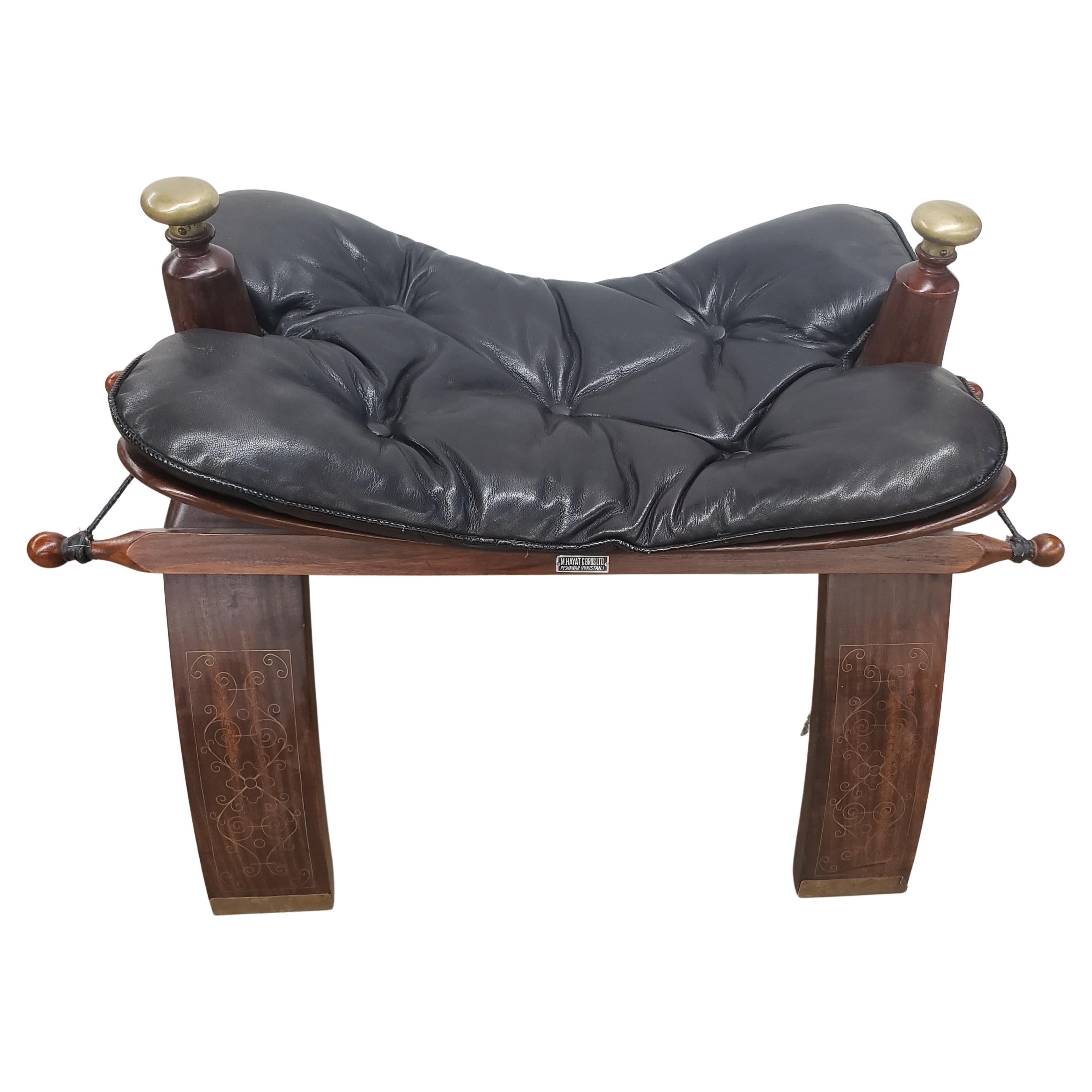 Pakistani Vintage Hayat & Brothers Brass Marquetry Rosewood Leather Seat Camel Bench Stool