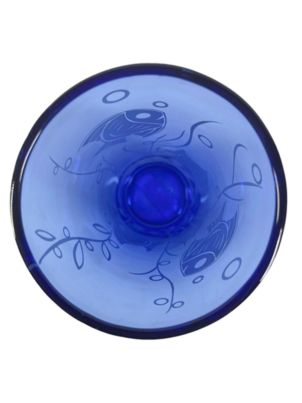 Art Deco Vintage Hazel-Atlas Cobalt Blue Glass Cocktail Shaker with White Tropical Fish