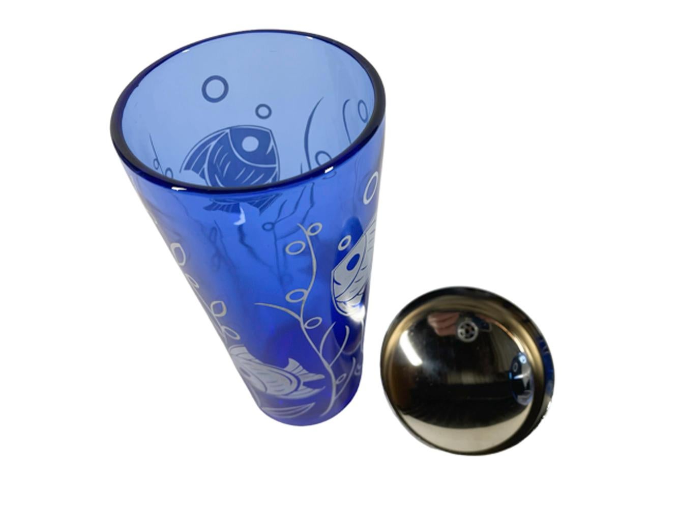 American Vintage Hazel-Atlas Cobalt Blue Glass Cocktail Shaker with White Tropical Fish