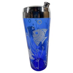 Vintage Hazel-Atlas Cobalt Blue Glass Cocktail Shaker with White Tropical Fish