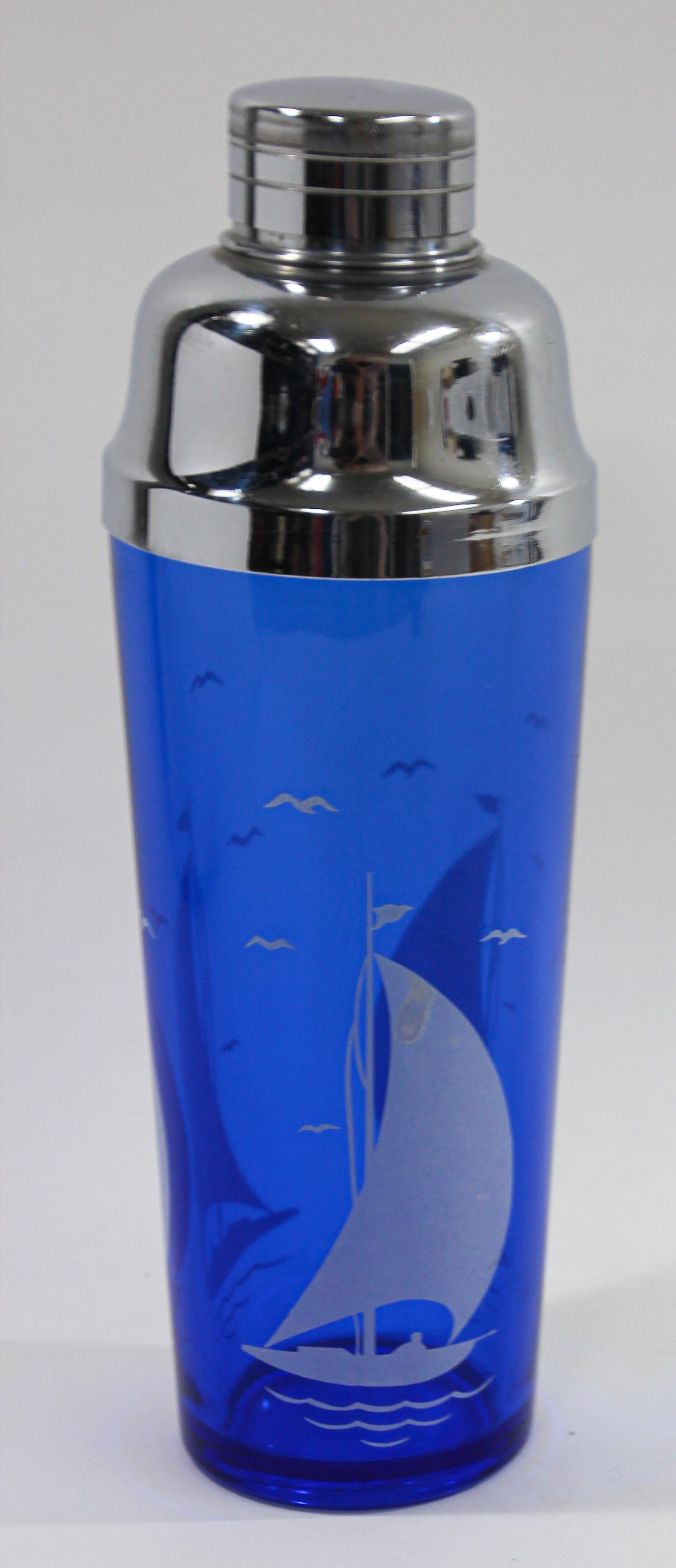 American Vintage Hazel Atlas Cobalt Blue Sailboat Cocktail Shaker