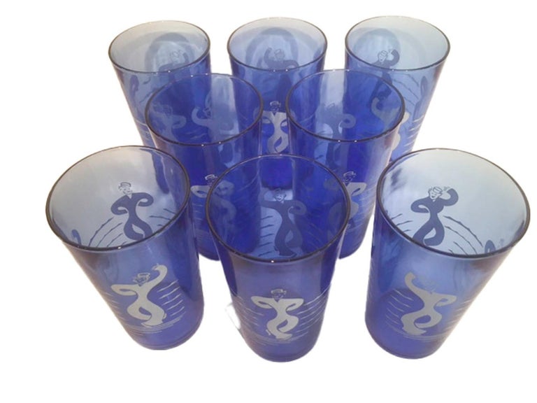 Vintage Hazel Atlas Sportsman Series Dancing Sailor Ice Bowl & Highball Glasses In Good Condition For Sale In Nantucket, MA