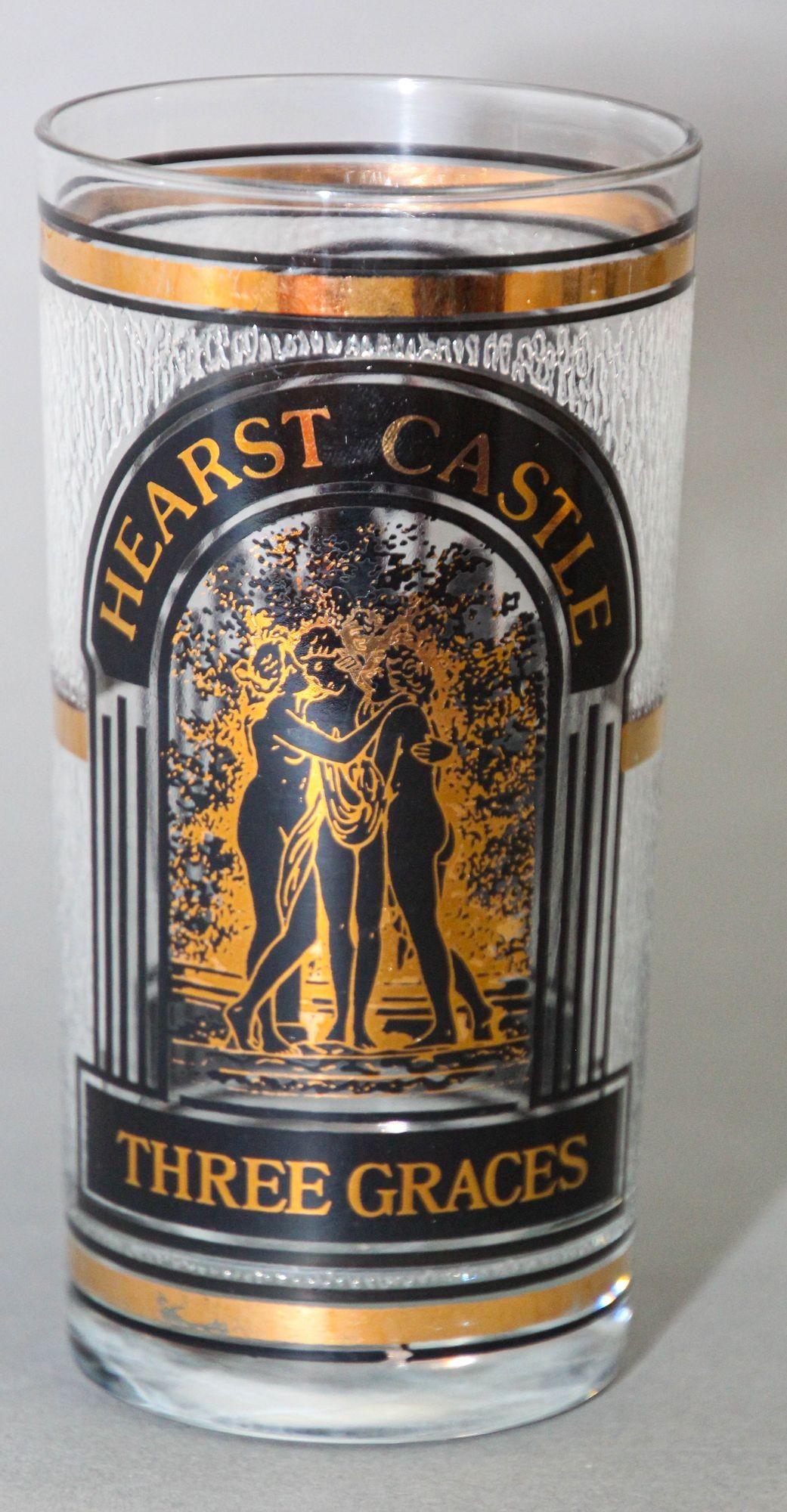 Vintage 1960s Vintage Gold Drinking Highball Drinking Glass.
Hearst Castle Souvenir Collectible Highball Glass with the 3 Graces San Simeon Castle design in black and gold.
Collectible rare Hearst Castle Highball frosted glass tumbler with 22K Gold,
