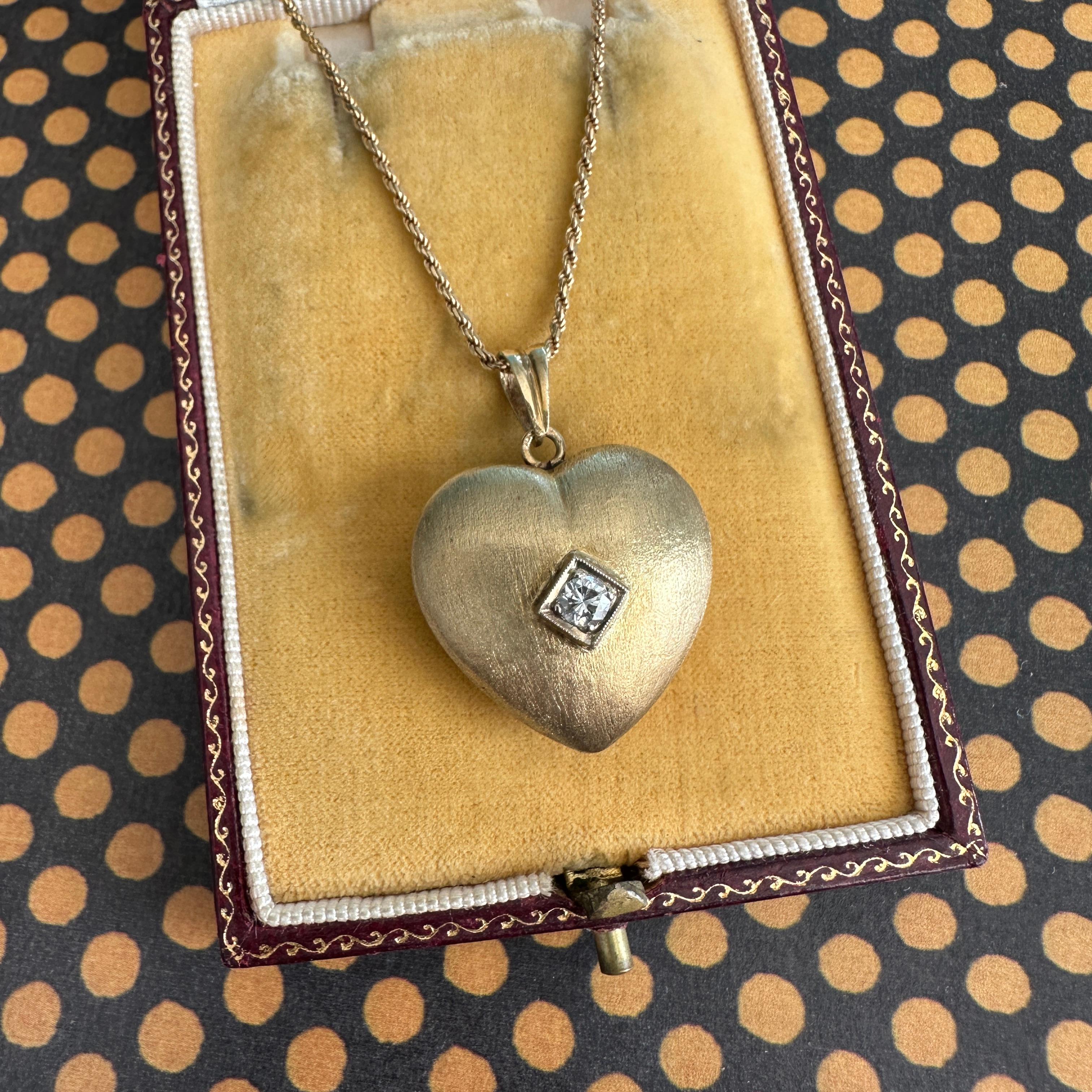 Old European Cut Vintage Heart 14K Diamond Pendant Necklace For Sale