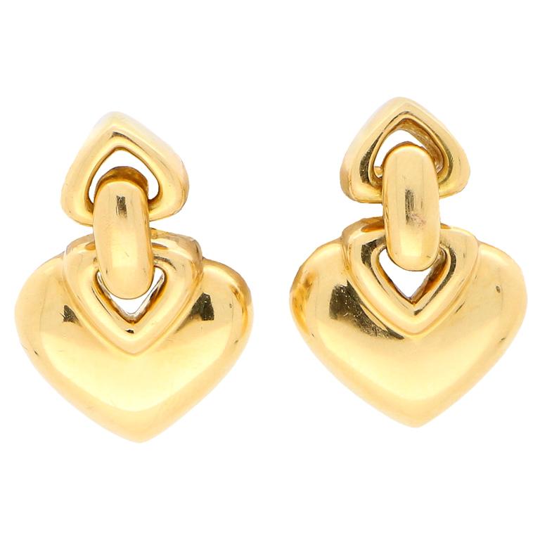 Vintage Heart Drop Earrings Set in 18 Karat Yellow Gold