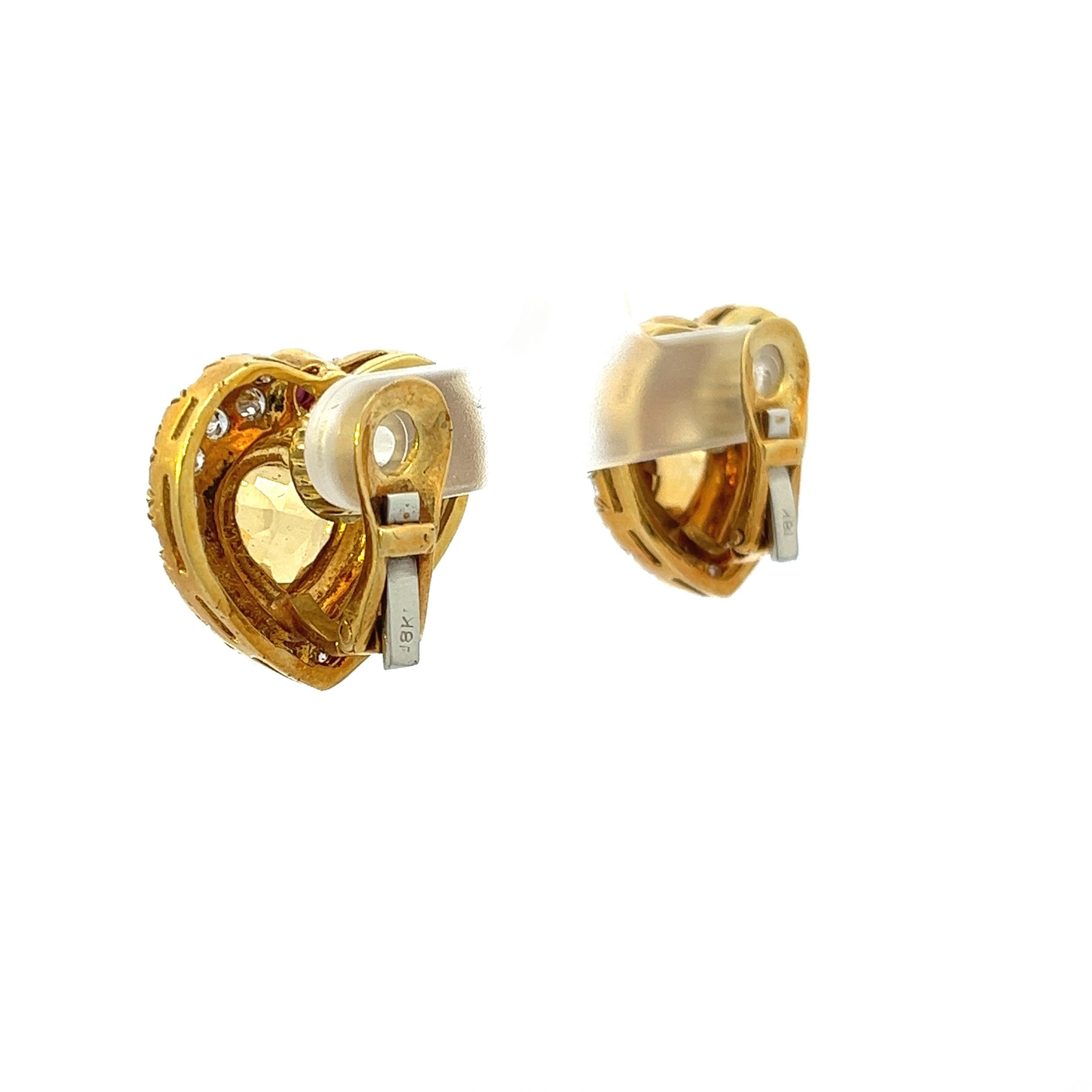Round Cut Vintage Heart Earrings 18 Karat Diamond Citrine and Ruby Clip on Earrings 