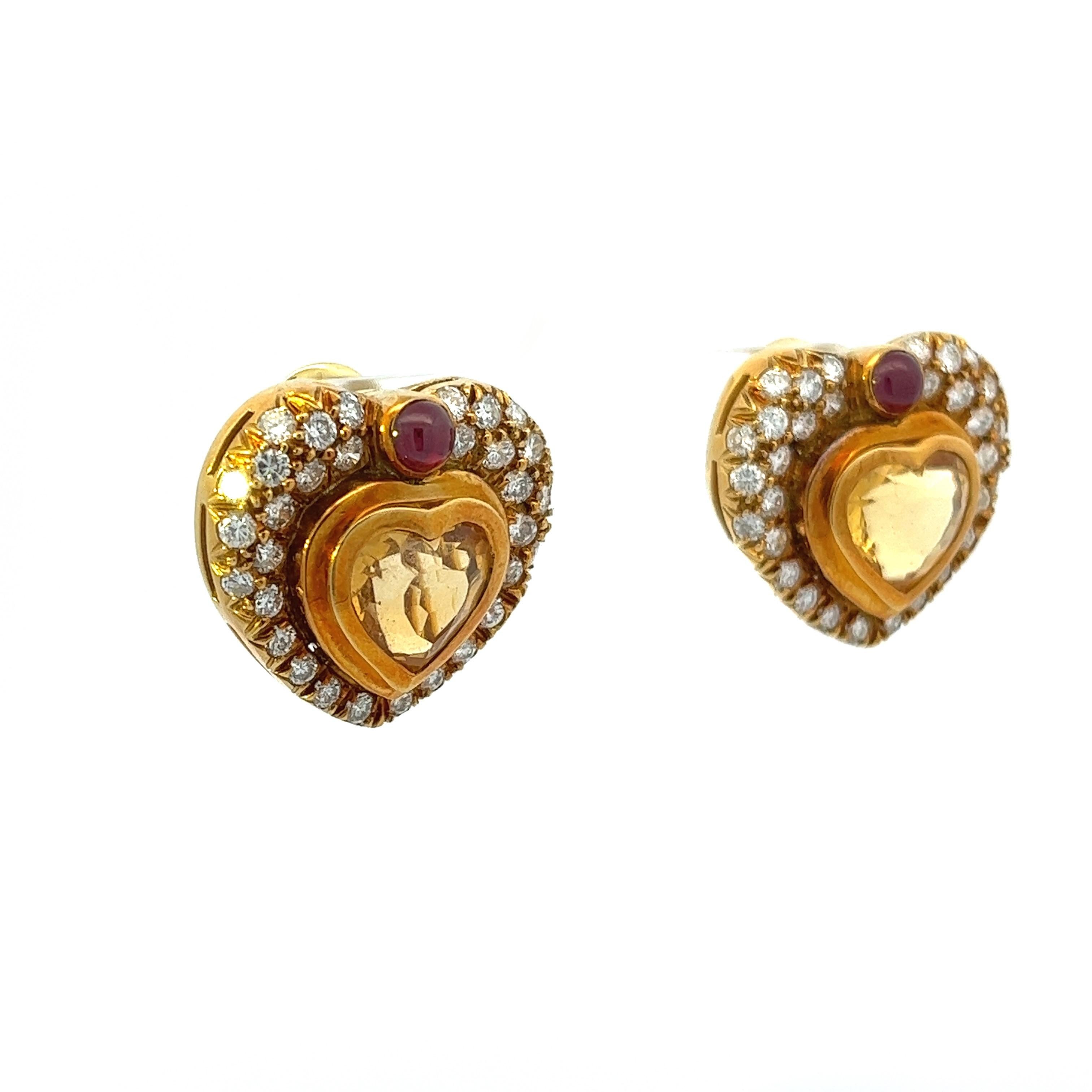 Vintage Heart Earrings 18 Karat Diamond Citrine and Ruby Clip on Earrings  2