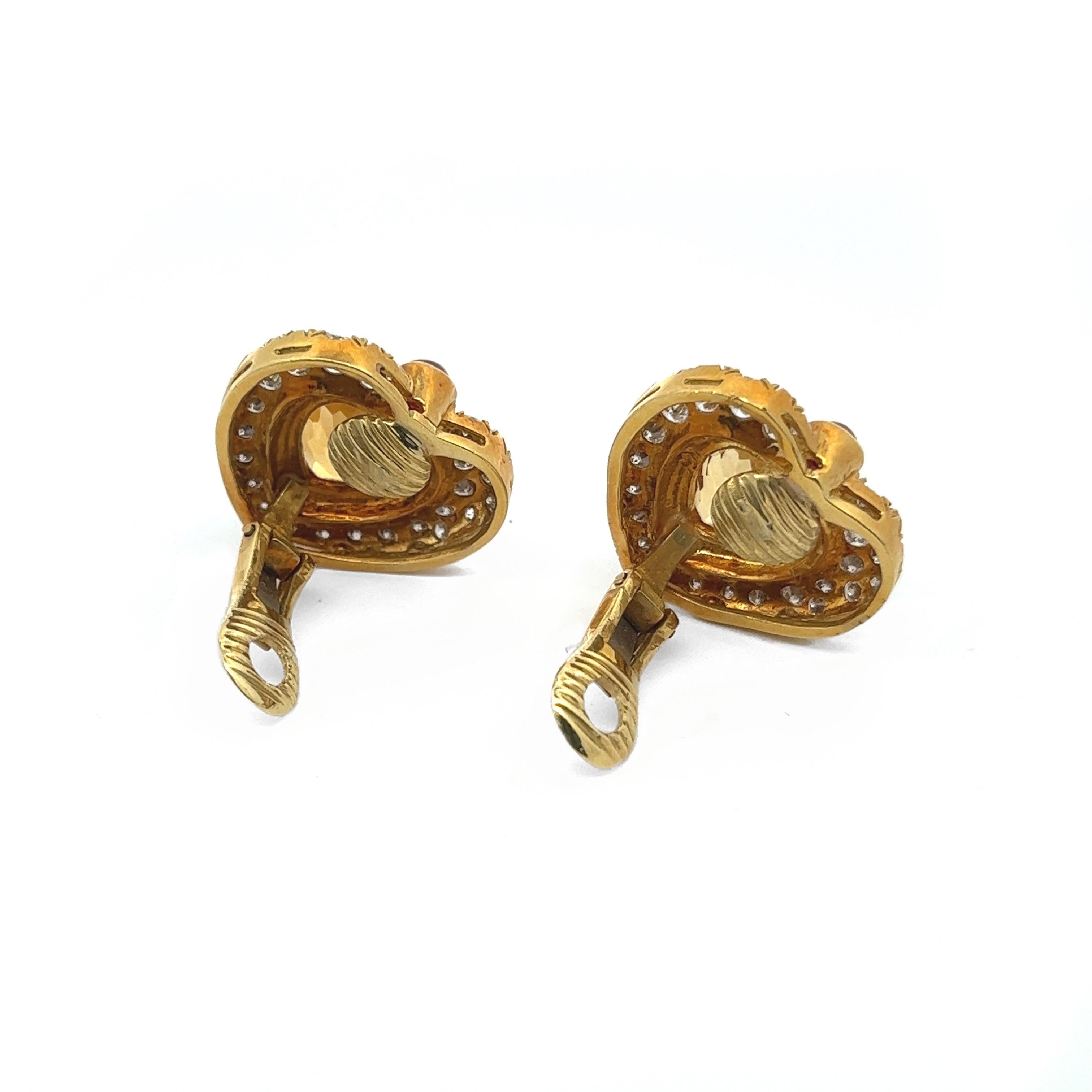 Vintage Heart Earrings 18 Karat Diamond Citrine and Ruby Clip on Earrings  3