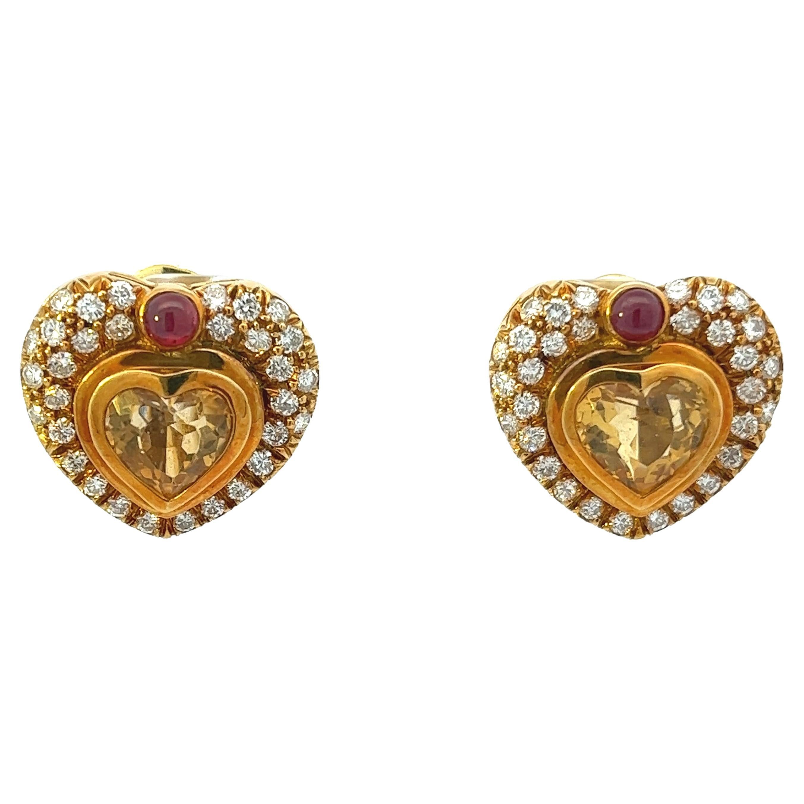 Vintage Heart Earrings 18 Karat Diamond Citrine and Ruby Clip on Earrings 