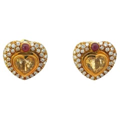 Vintage Heart Earrings 18 Karat Diamond Citrine and Ruby Clip on Earrings