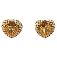 Vintage Heart Earrings 18 Karat Diamond Citrine and Ruby Clip on Earrings 