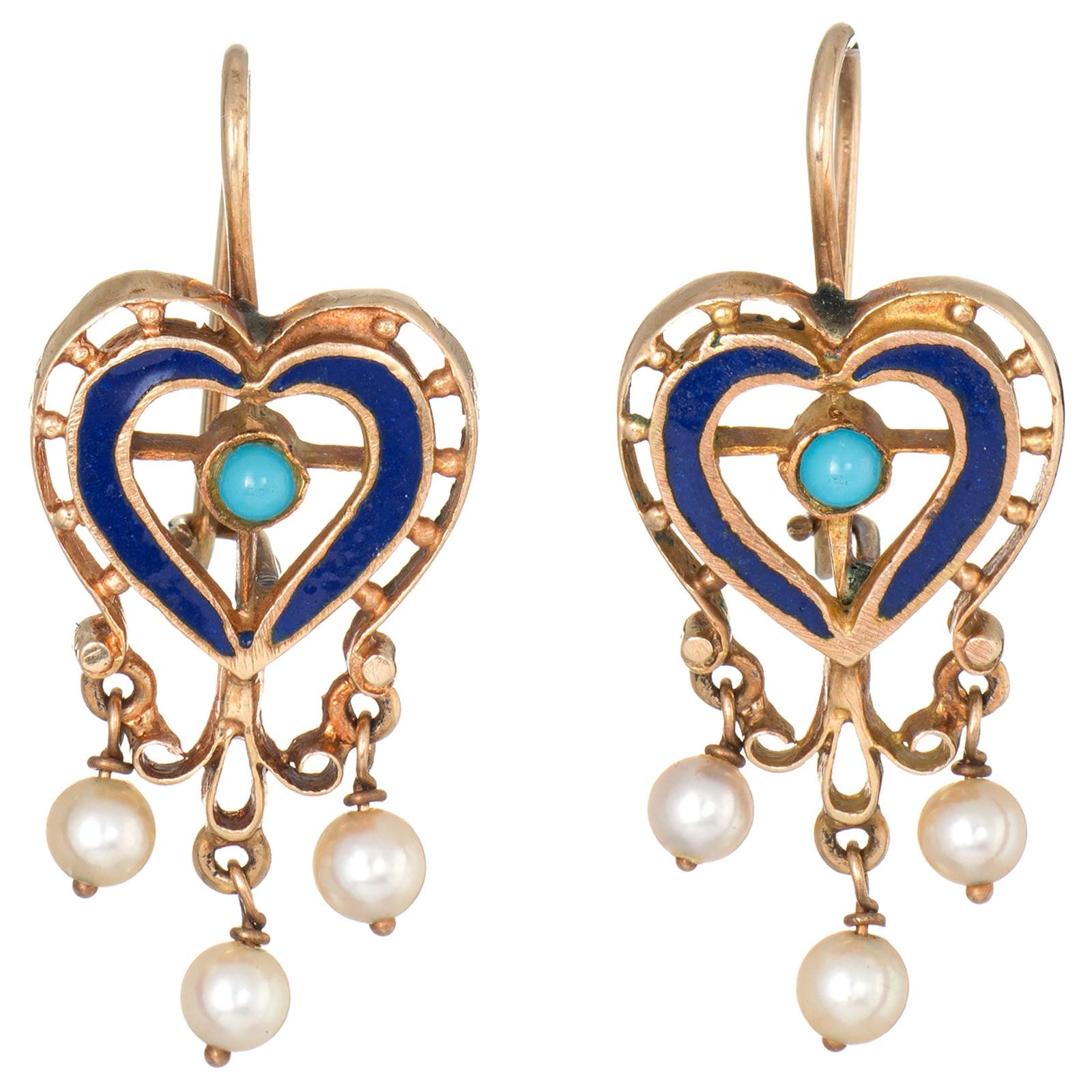 Vintage Heart Earrings 18 Karat Gold Turquoise Pearl Enamel Estate Jewelry