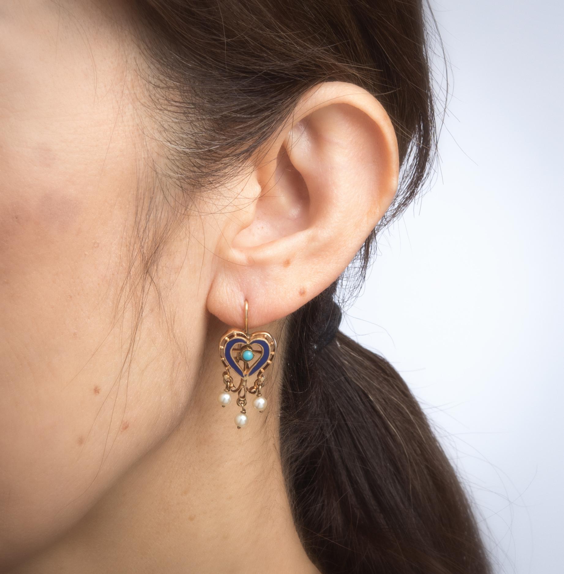 Modern Vintage Heart Earrings 18 Karat Gold Turquoise Pearl Enamel Estate Jewelry