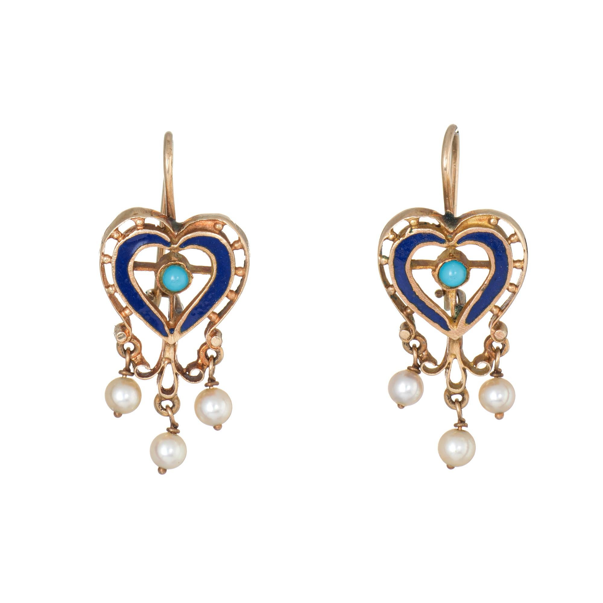 Cabochon Vintage Heart Earrings 18 Karat Gold Turquoise Pearl Enamel Estate Jewelry