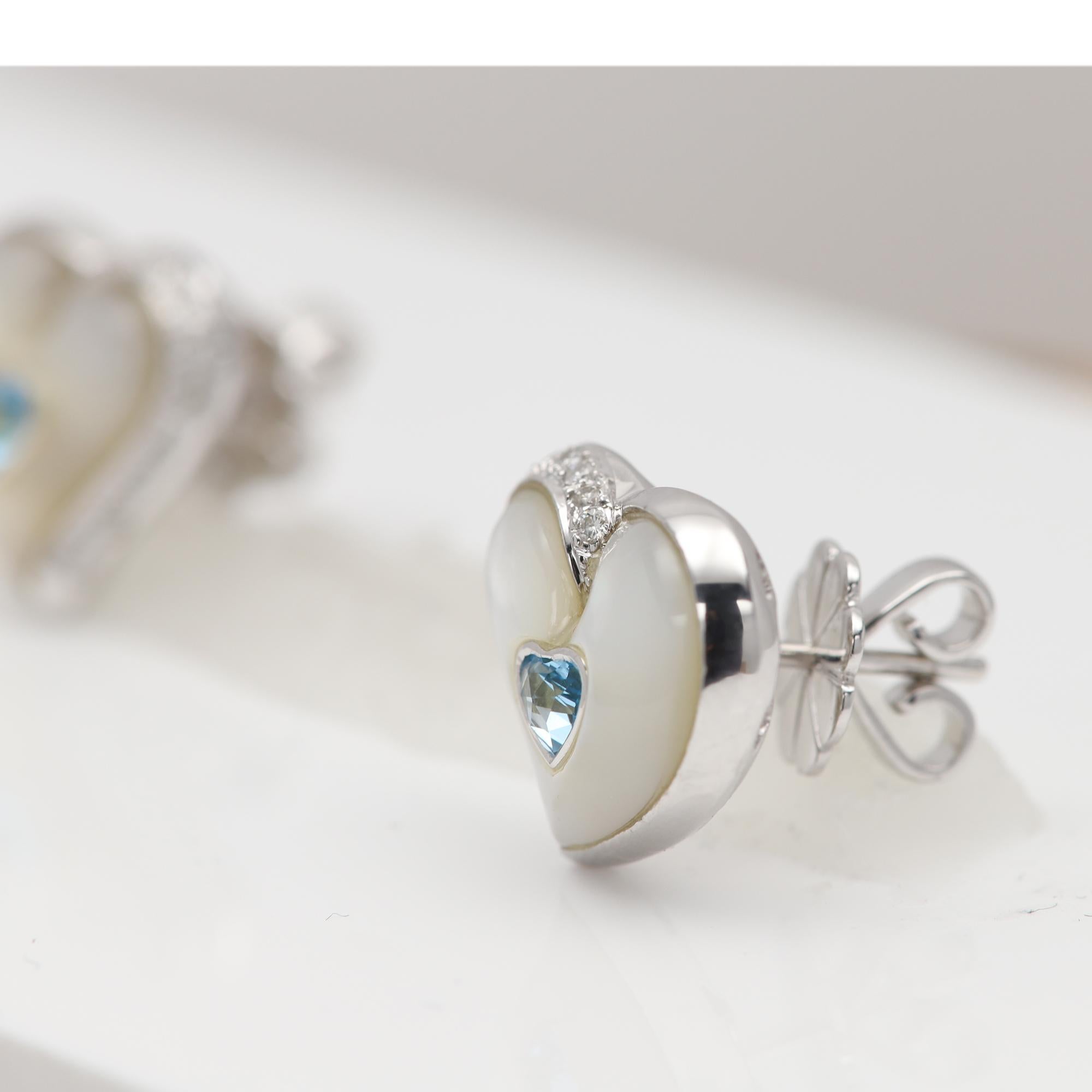 Women's or Men's Vintage Heart Earrings mother of pearl 18 Karat White Gold Blue Topaz heart For Sale