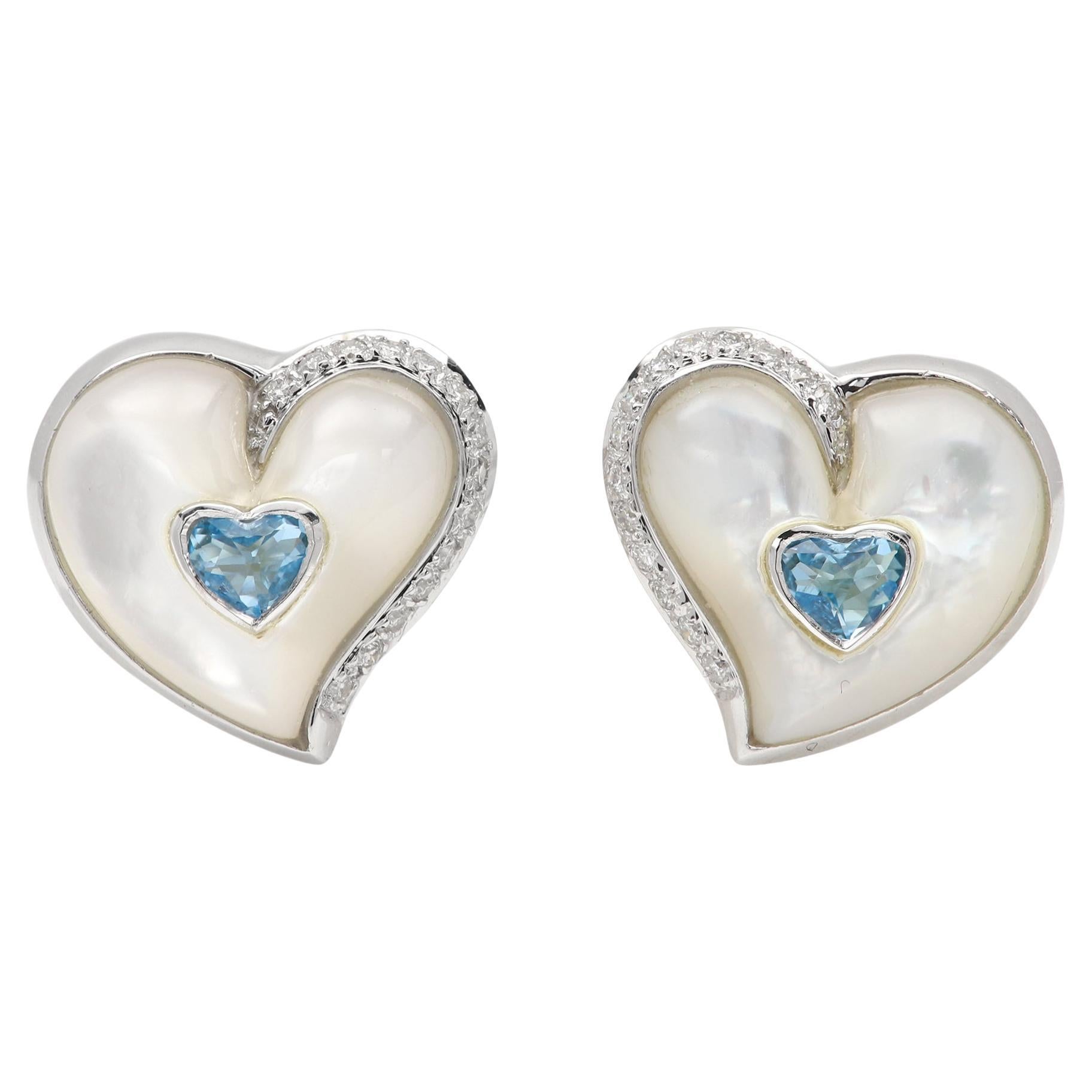 Vintage Heart Earrings mother of pearl 18 Karat White Gold Blue Topaz heart For Sale