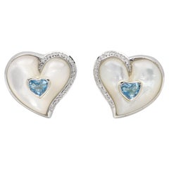 Vintage Heart Earrings mother of pearl 18 Karat White Gold Blue Topaz heart