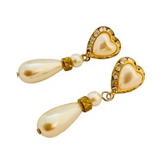 Vintage heart gold rhinestones dangle pearl designer runway pierced earrings