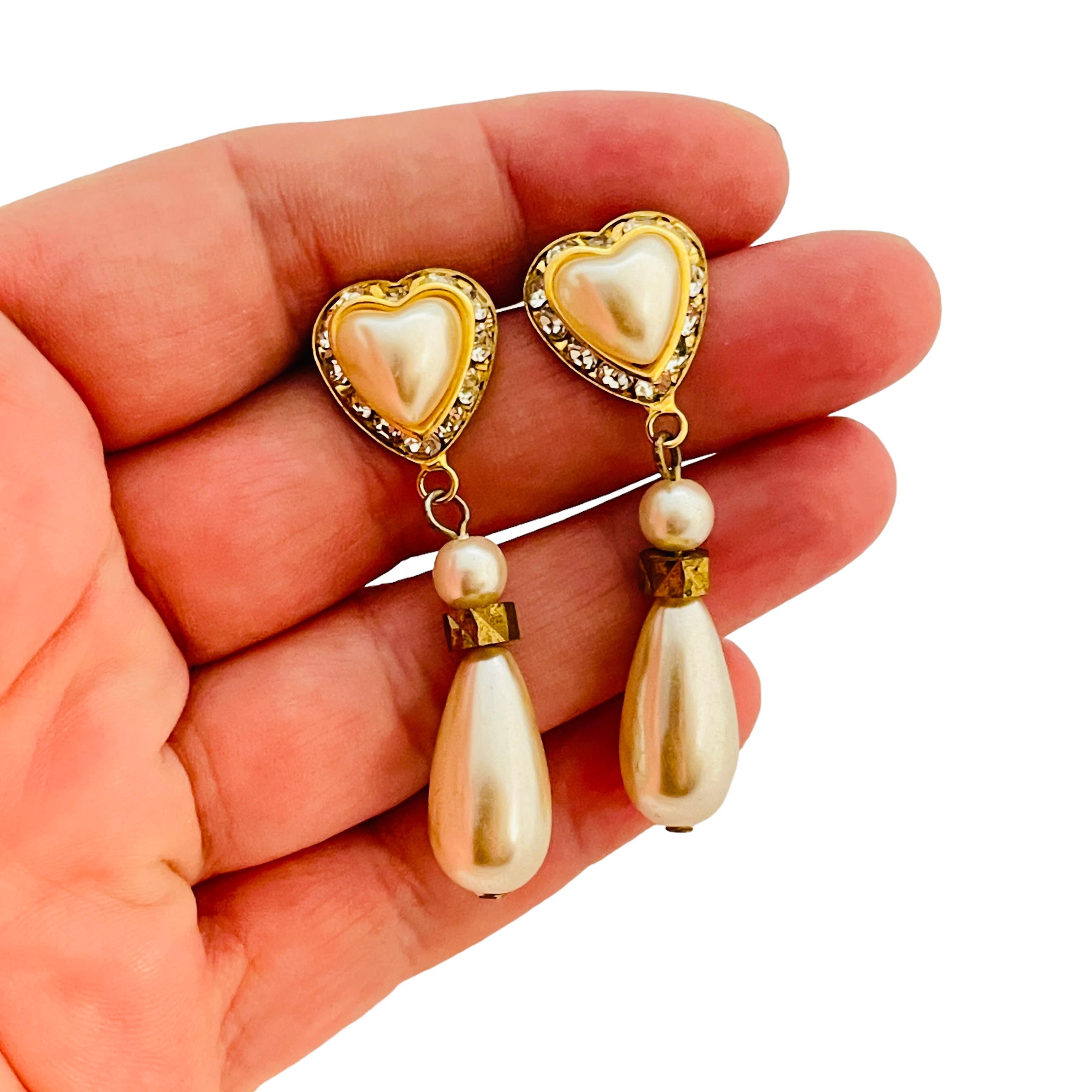 Women's or Men's Vintage heart gold rhinestones dangle pearl designer runway pierced earrings For Sale