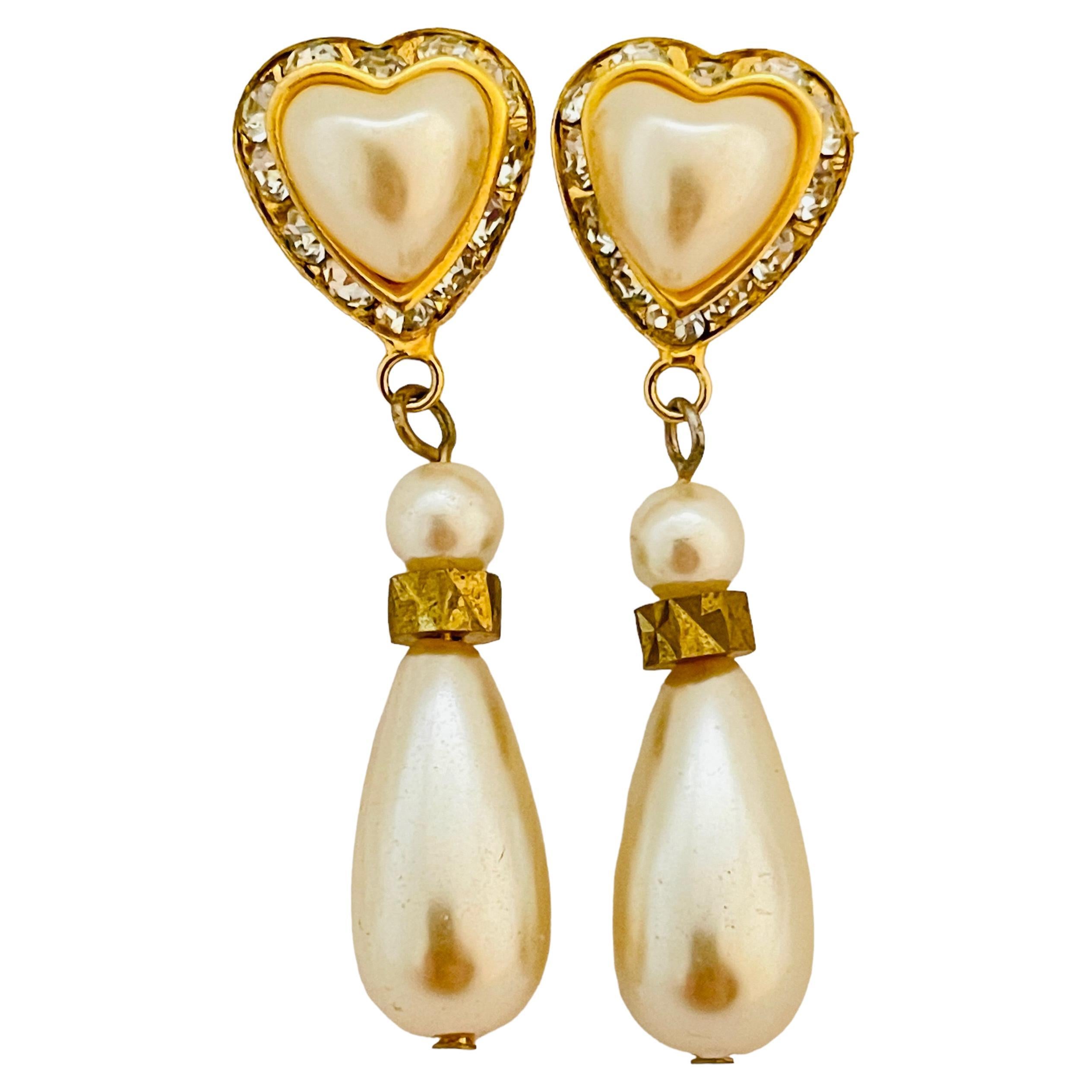 Vintage heart gold rhinestones dangle pearl designer runway pierced earrings For Sale