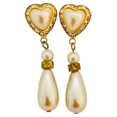 Vintage heart gold rhinestones dangle pearl designer runway pierced earrings