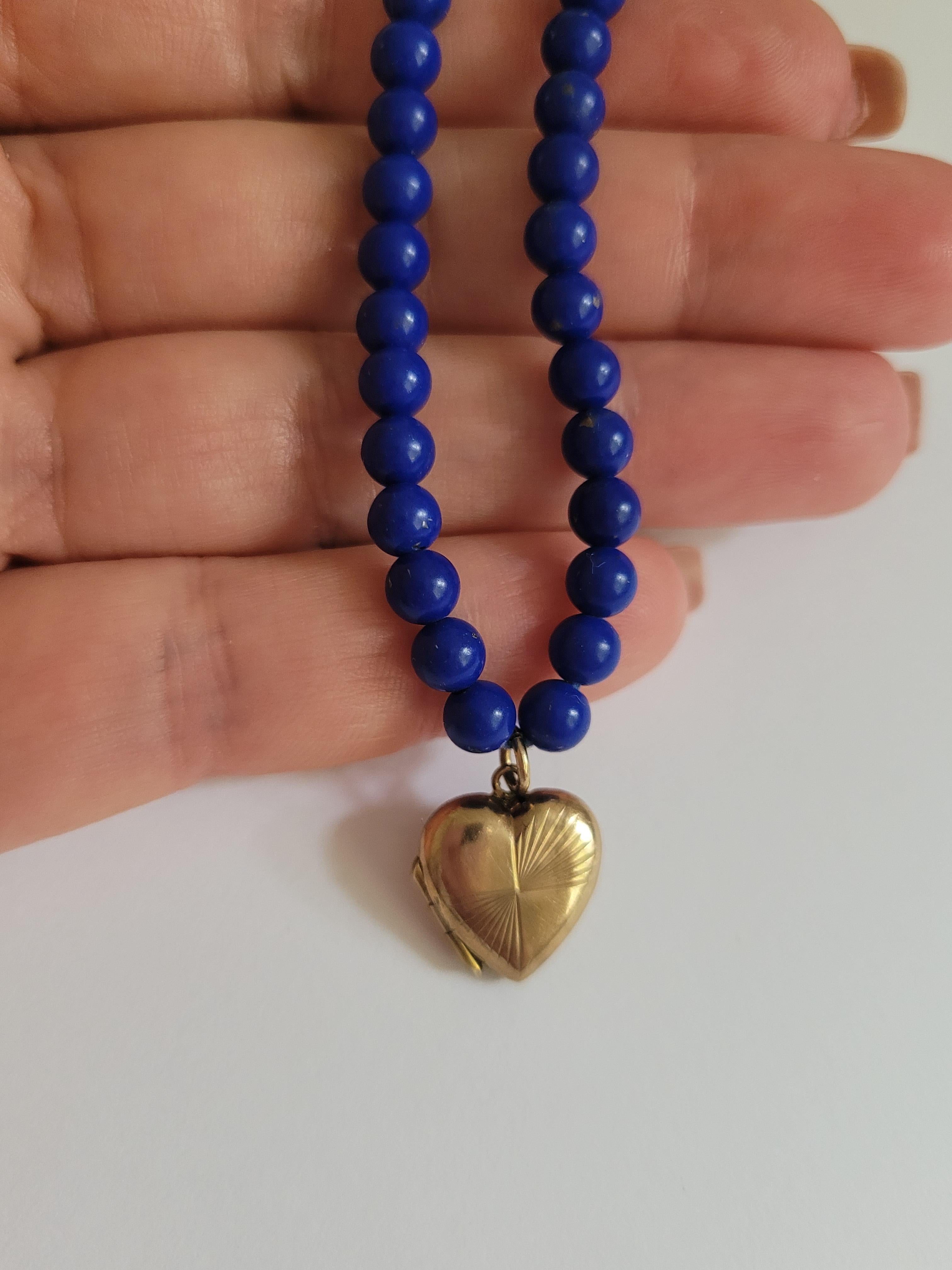 Vintage Heart Locket and Lapis Lazuli Beads necklace For Sale 4