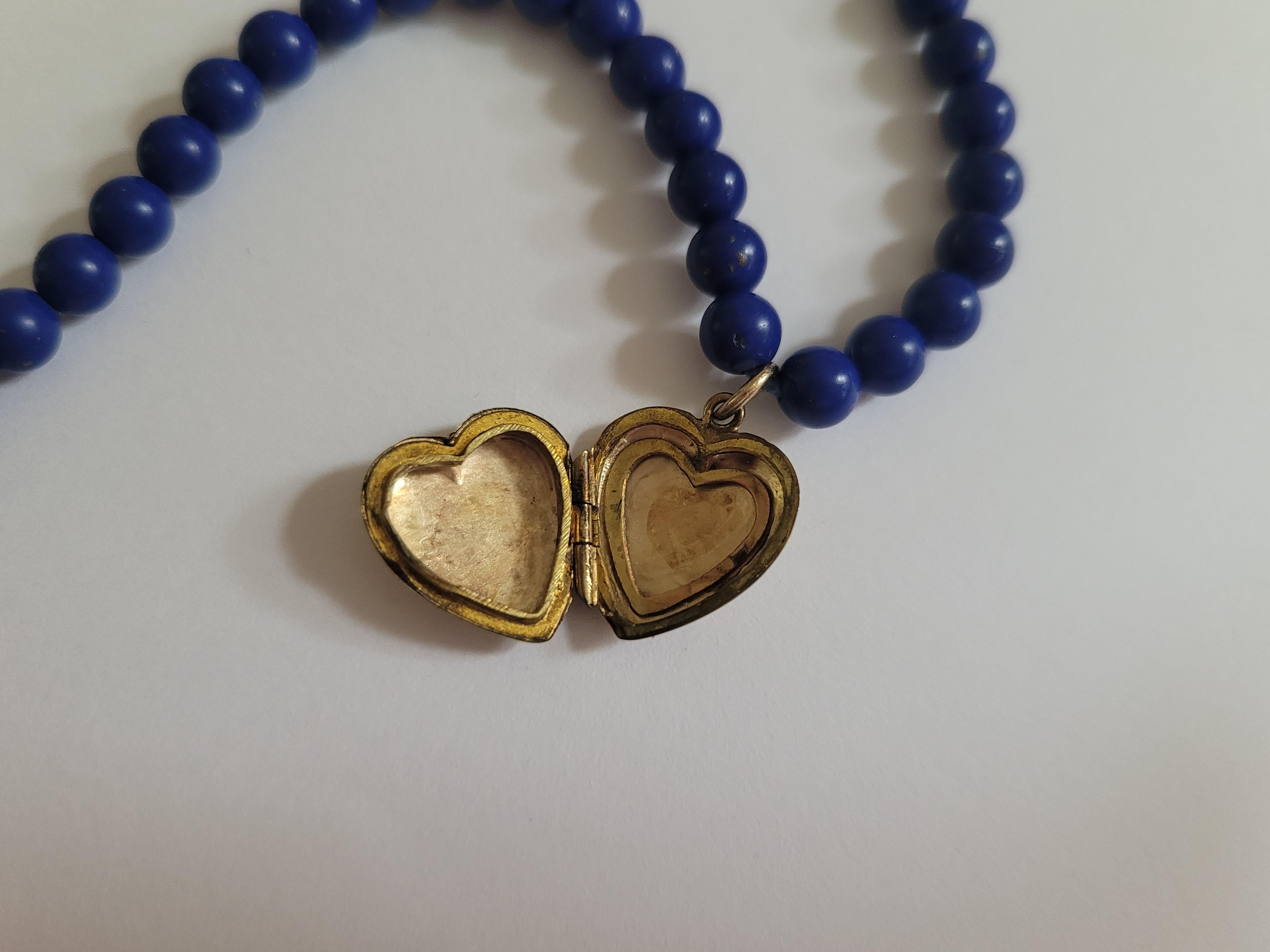 Art Deco Vintage Heart Locket and Lapis Lazuli Beads necklace For Sale
