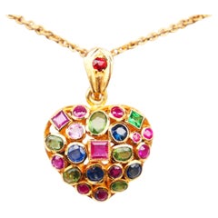 Vintage Heart Locket Pendant natural Gems solid 18K / 3.7 gr