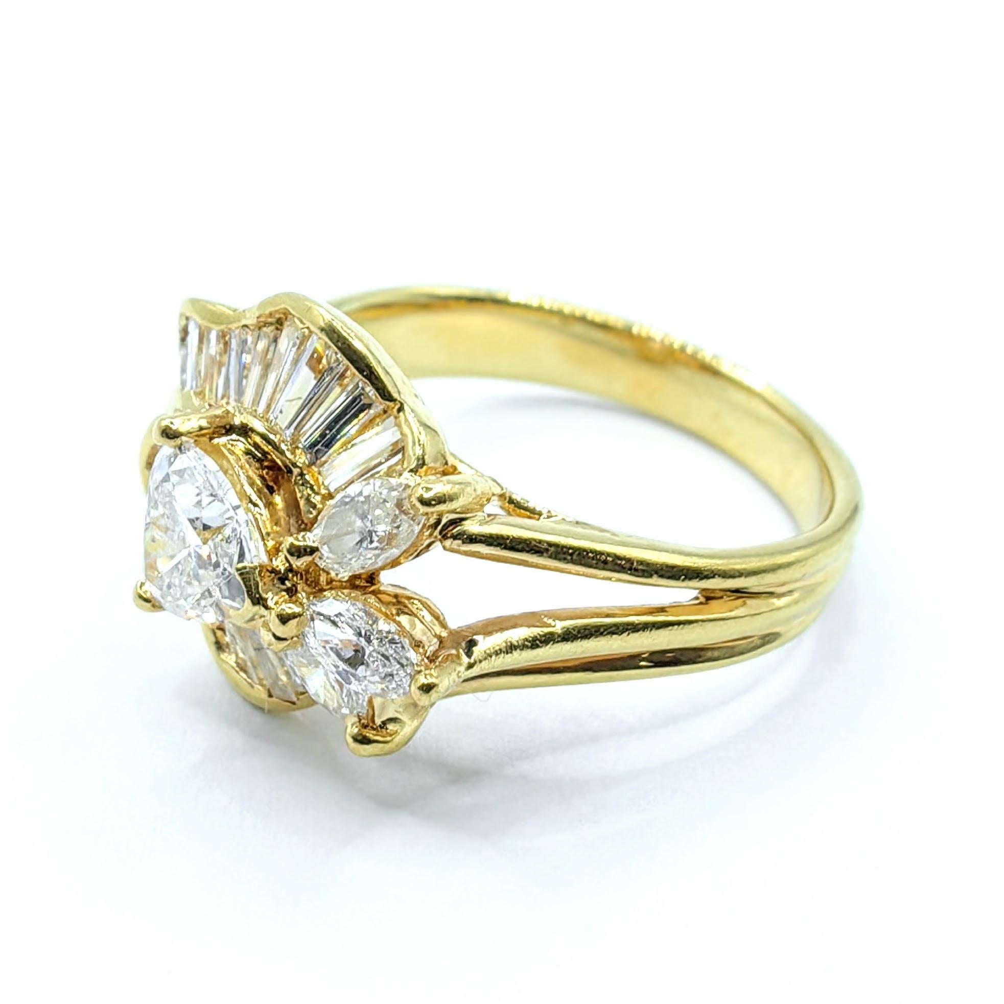 Contemporary Vintage Heart, Marquise, and Baguette-cut Diamond Ring in 20k Yellow Gold For Sale