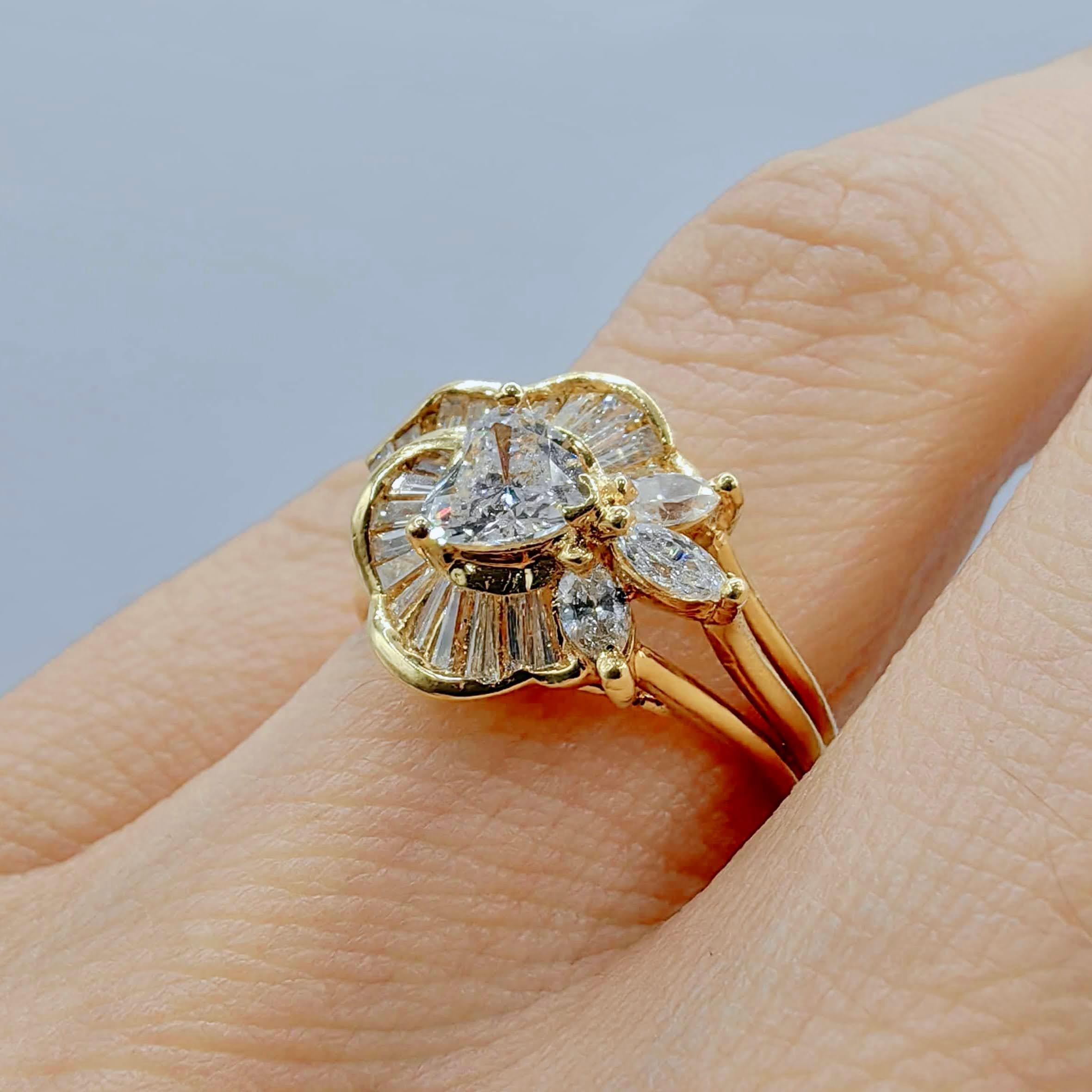 Vintage Heart, Marquise, and Baguette-cut Diamond Ring in 20k Yellow Gold For Sale 2