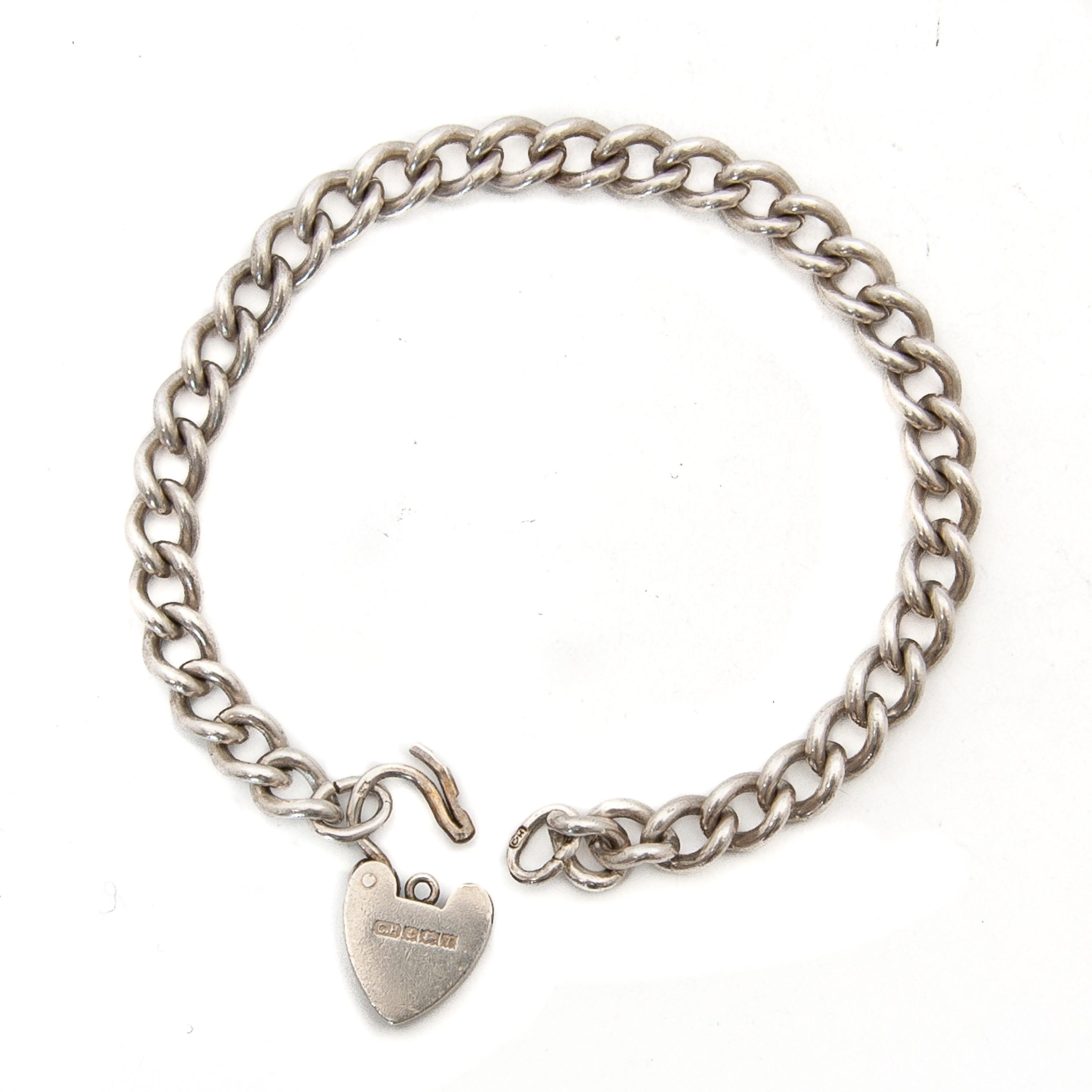 Vintage Heart Padlock Silver Curb Charm Bracelet For Sale 4
