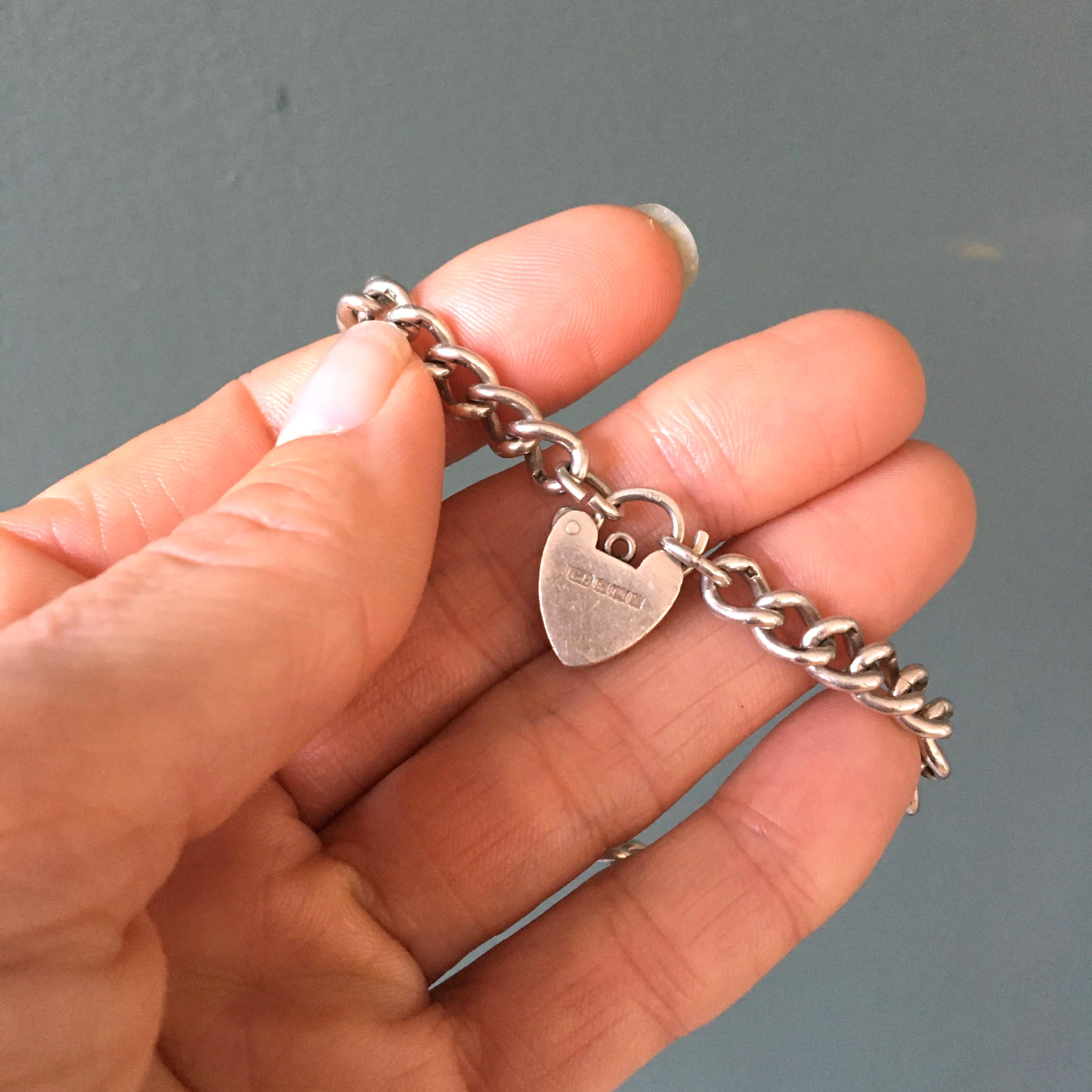 Vintage Heart Padlock Silver Curb Charm Bracelet For Sale 5