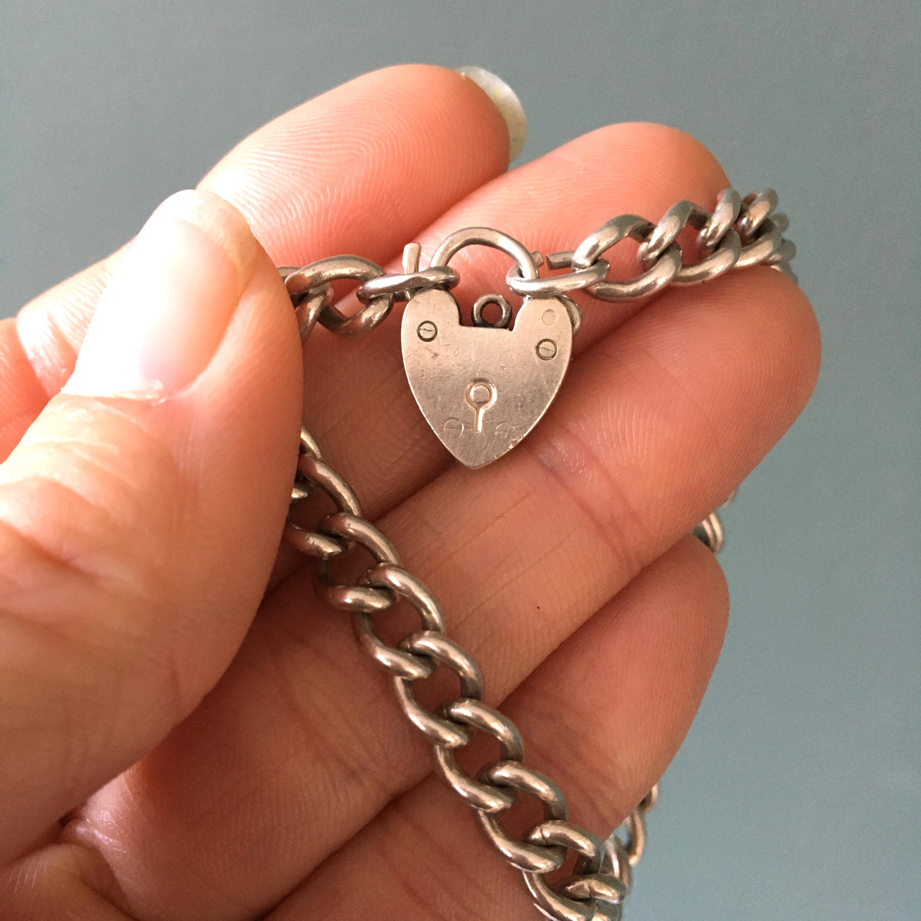 Women's or Men's Vintage Heart Padlock Silver Curb Charm Bracelet For Sale