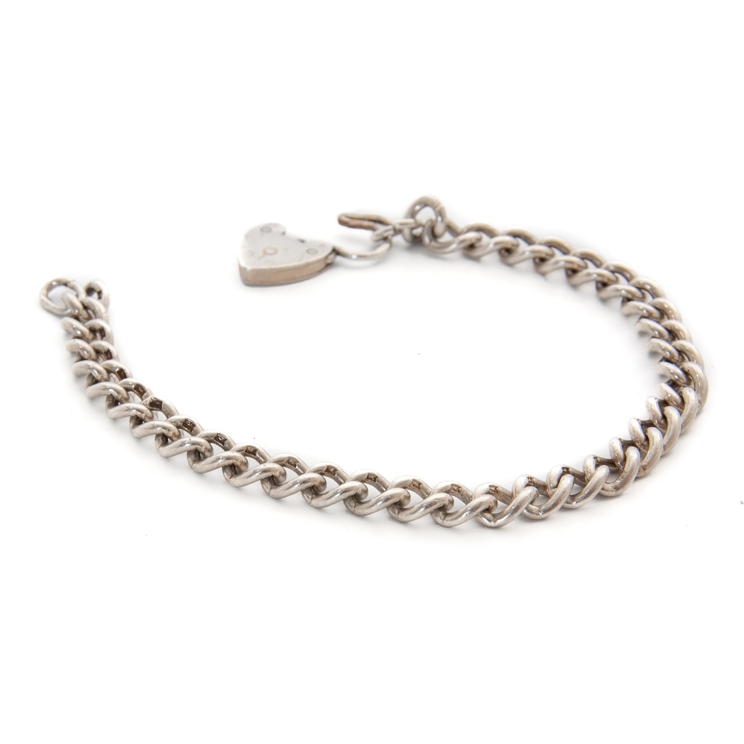 Vintage Heart Padlock Silver Curb Charm Bracelet For Sale 1