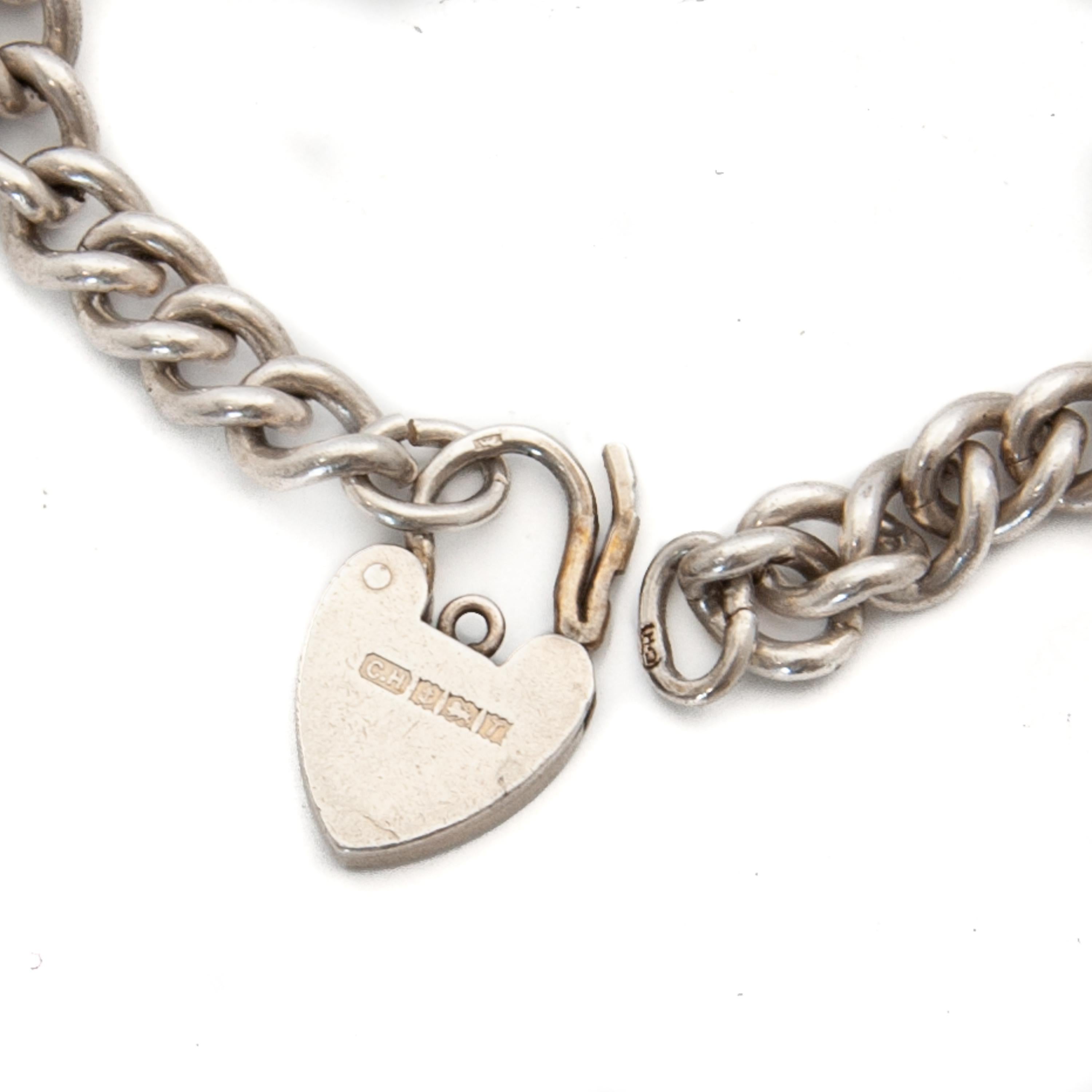 Vintage Heart Padlock Silver Curb Charm Bracelet For Sale 2