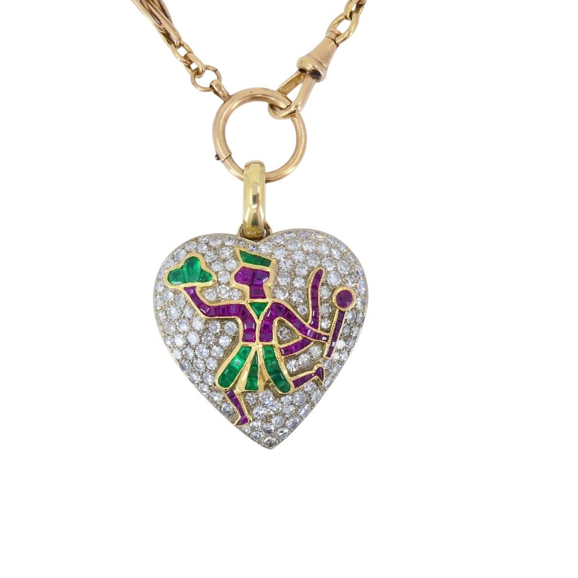 Taglio misto Ciondolo cuore vintage diamante platino motivo mitologia indiana catena 14k in vendita