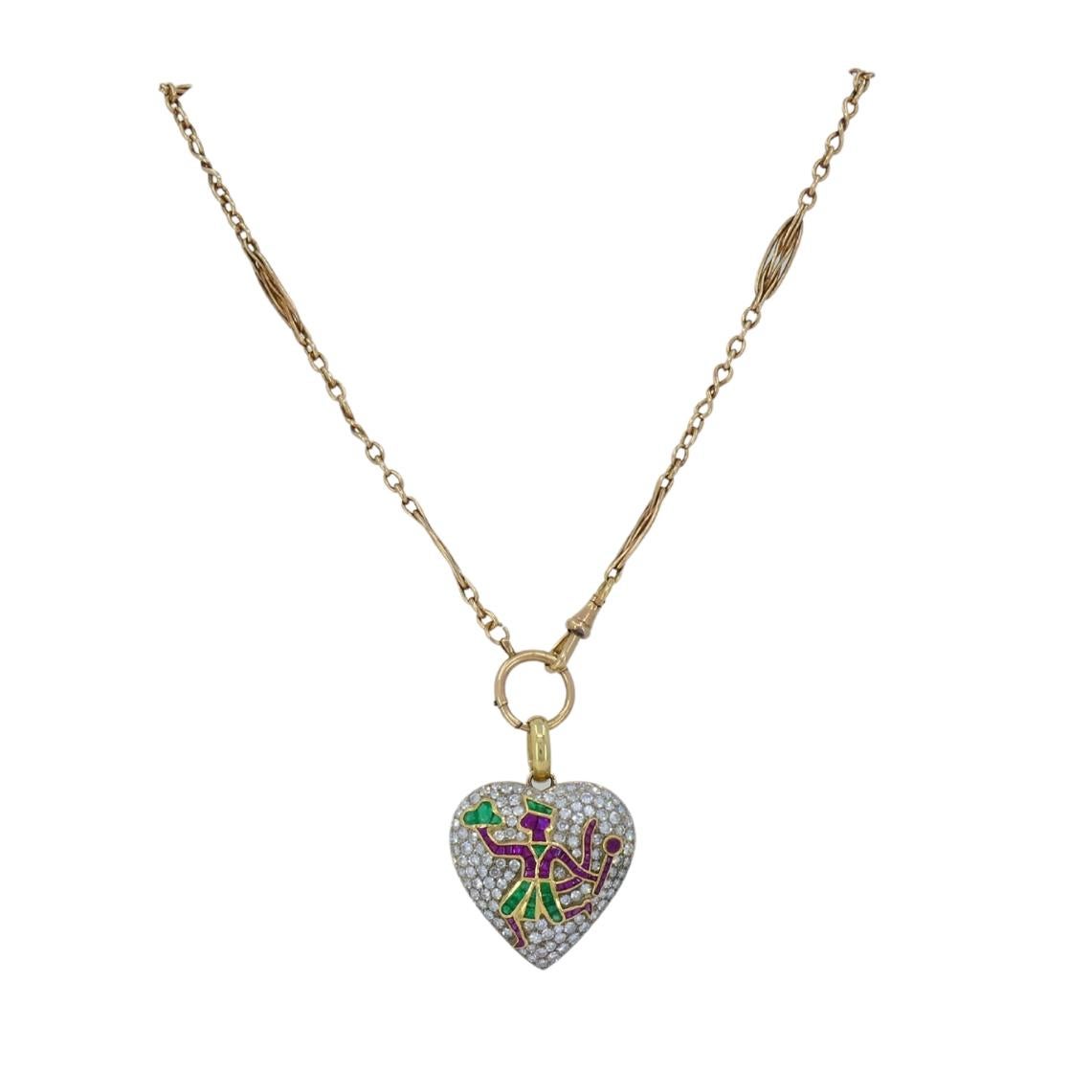 Ciondolo cuore vintage diamante platino motivo mitologia indiana catena 14k In condizioni ottime in vendita a Beverly Hills, CA